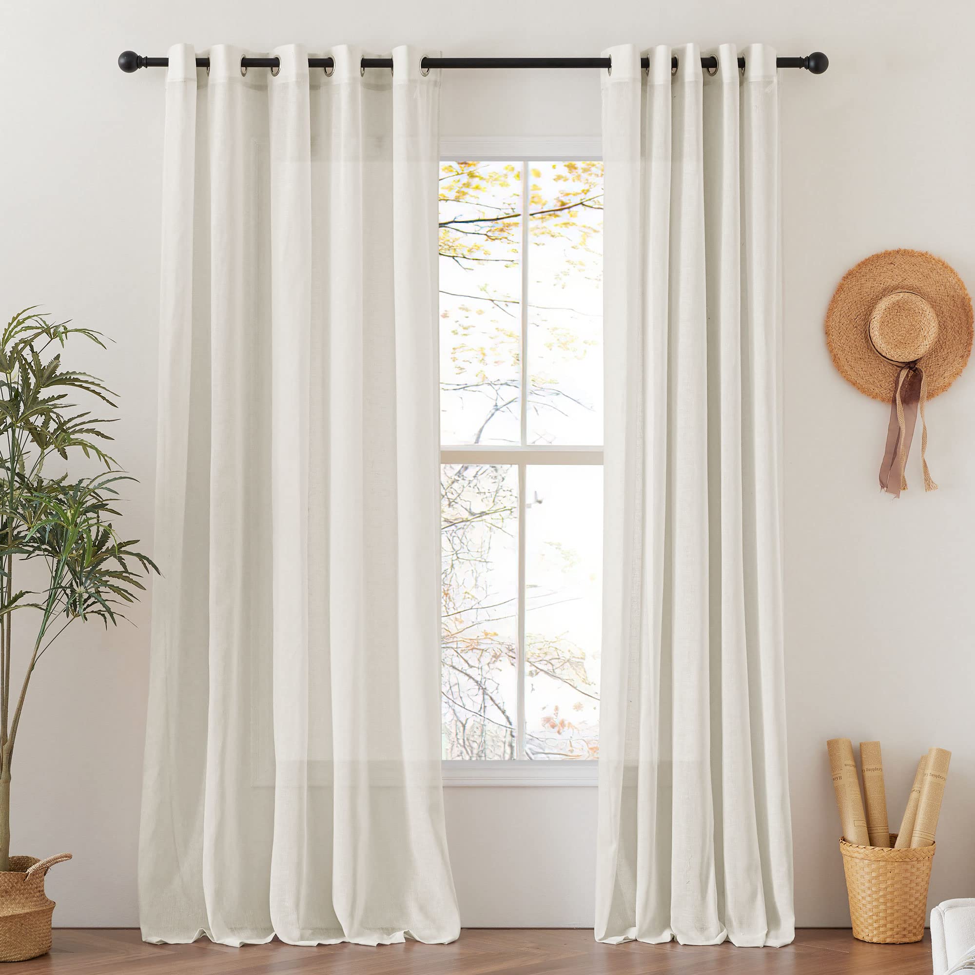 NICETOWN Semi Sheer Linen Curtains for Bedroom 84 inches Long, Grommet Privacy Vertical Farmhouse Window with Light Filtering for Living Room, Natural, W52 x L84, 2 Pieces