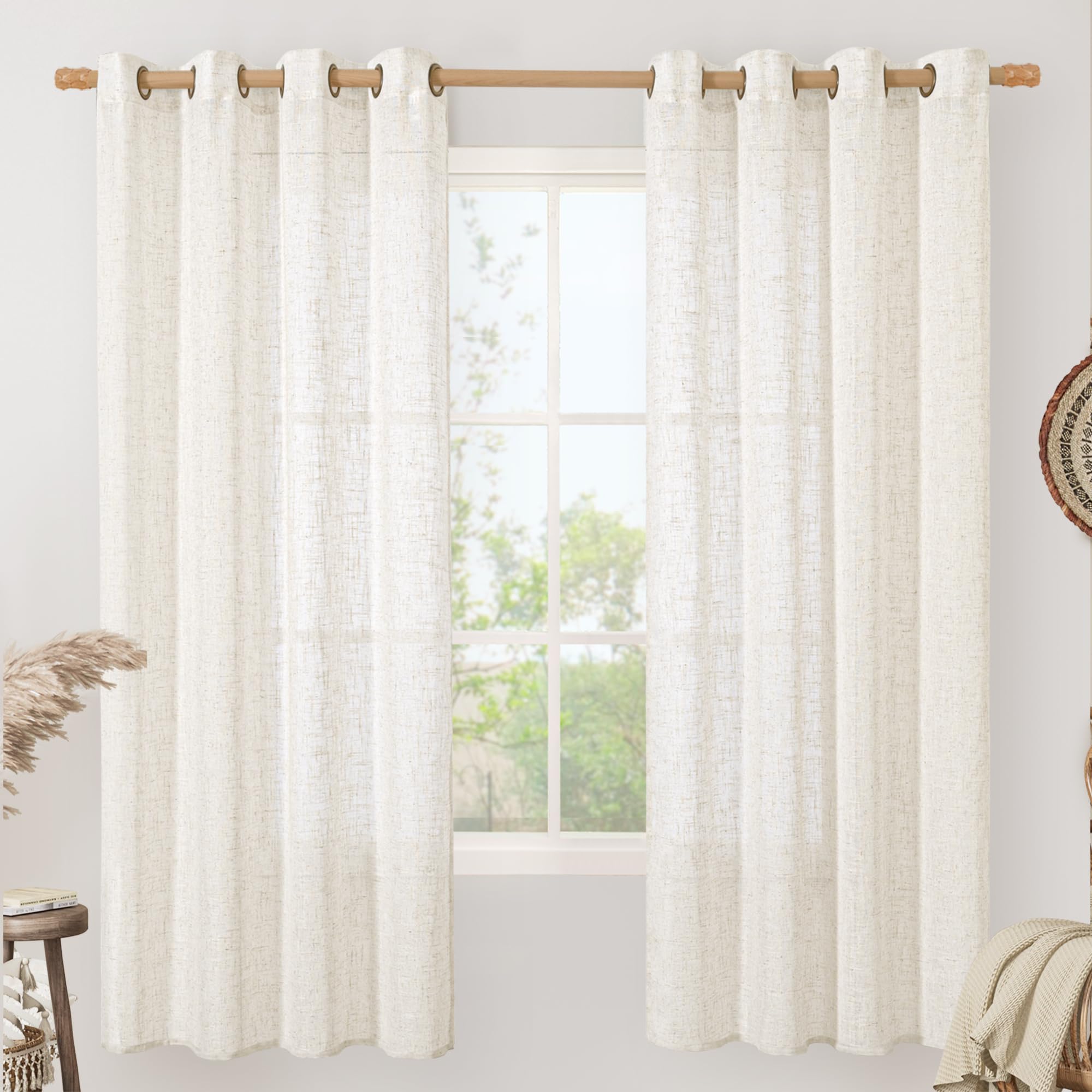 LAMIT Natural Ivory Linen Semi Sheer Curtains 84 inch Length, Cream Light Filtering Soft Thick Neutral Living Room Drapes with Bronze Grommet for Bedroom/Farmhouse, 2 Panels, 52 x 84 Inch