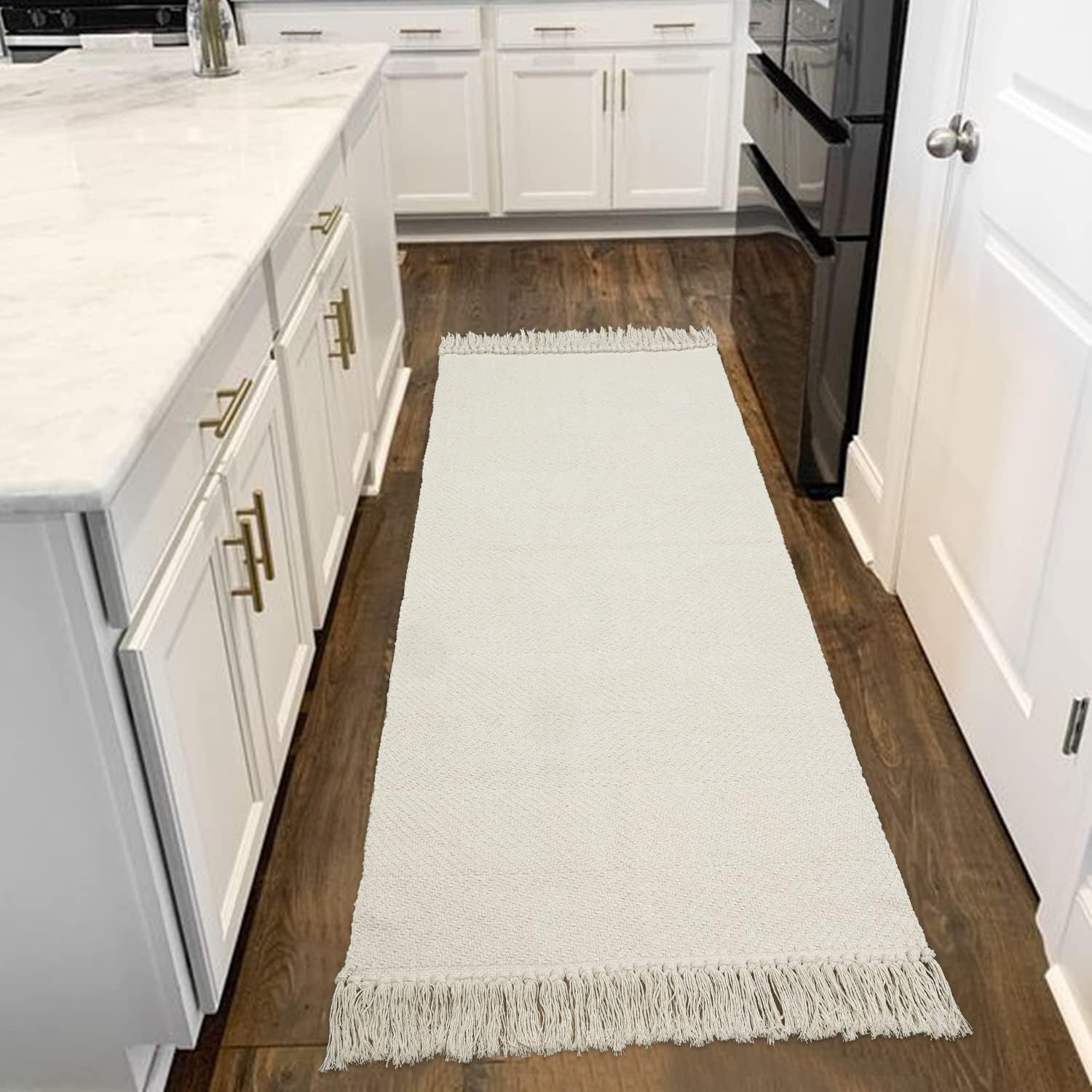 Collive 4x6 Area Rug, Natural/Black Woven Cotton Washable Modern Bedroom Rugs, Boho Dining Room Door Rug Carpet with Tassel for Living Room Nursery Room Office, Outdoor Rug for Patio Hallway Decor