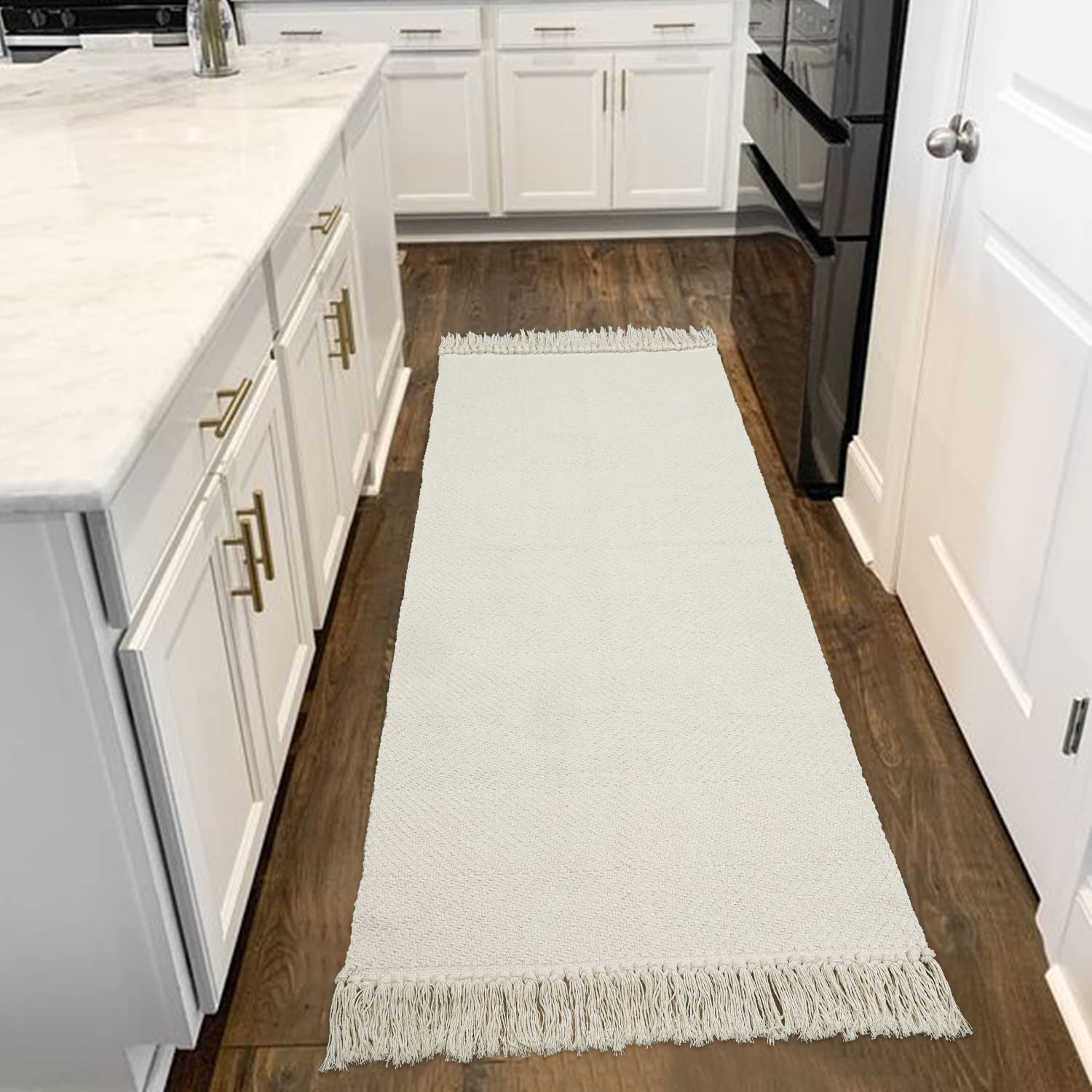Collive Washable Area Rug 3' x 5', Modern Farmhouse Woven Kitchen Rugs, Tan/Cream Indoor Outddor Mat Braided Throw Carpet for Entryway Bedroom Nursery Laundry Living Room