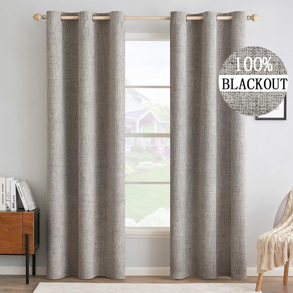 MIULEE 100% Blackout Linen Textured Curtains for Bedroom Solid Thermal Insulated Cream Grommet Room Darkening Curtains & Drapes Luxury Decor for Living Room Nursery 52 x 84 Inch (2 Panels)