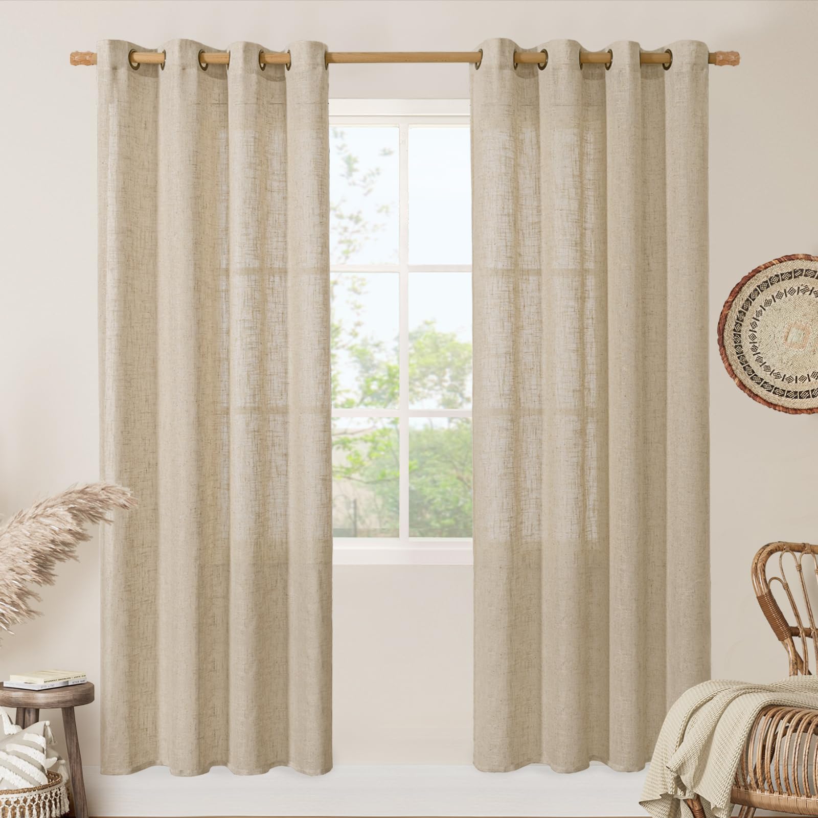 LAMIT Natural Ivory Linen Semi Sheer Curtains 84 inch Length, Cream Light Filtering Soft Thick Neutral Living Room Drapes with Bronze Grommet for Bedroom/Farmhouse, 2 Panels, 52 x 84 Inch