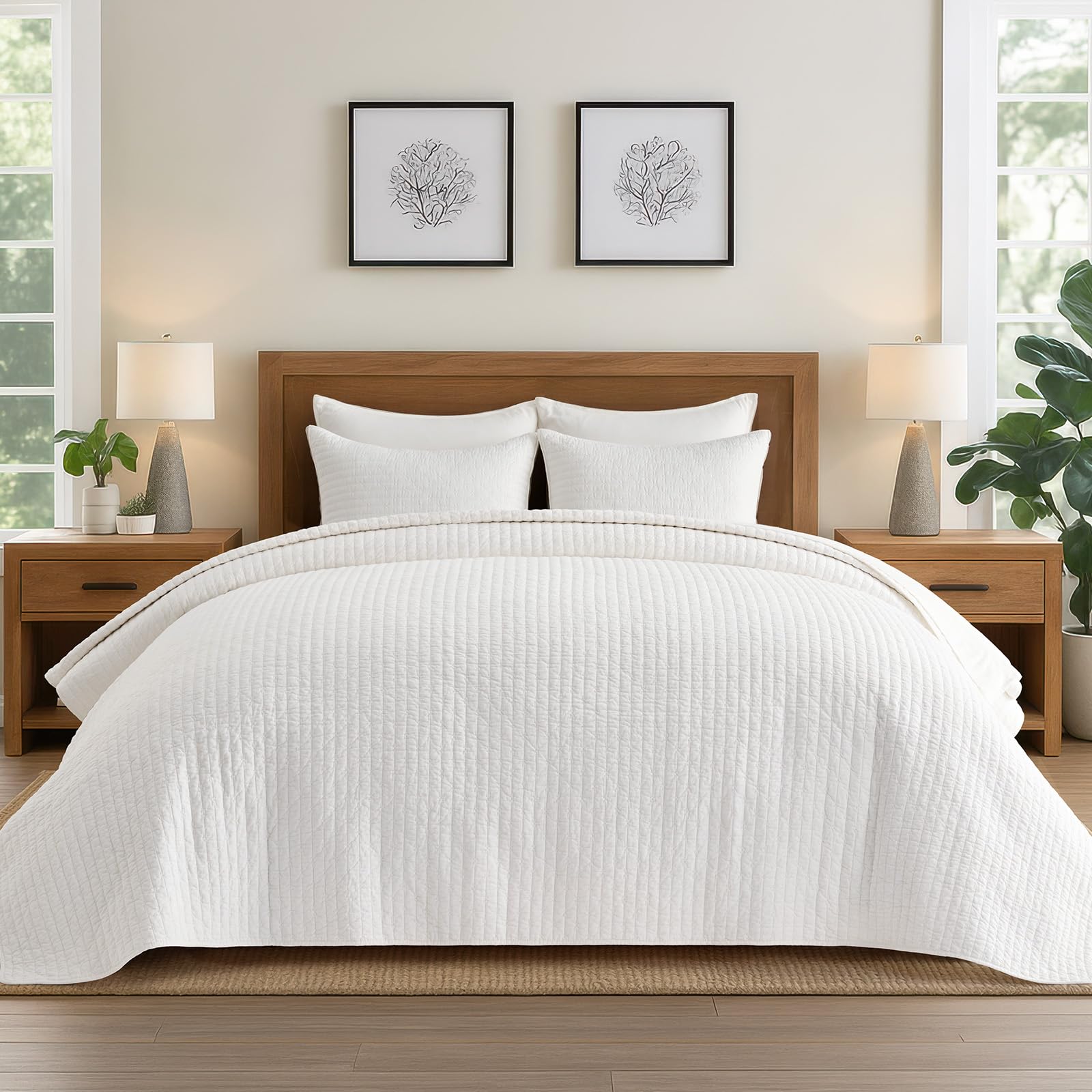 EVERGRACE Cotton Border Frame Tack-Stitch Quilt Bedding Set King Size, Coastal Oversized 3 Pieces Lightweight Bedspread Coverlet for All Season, with 2 Matching Shams, Blue Linen | Pick-Stitch Channel, Border Frame, Pre Washed, Oeko-Tex Certified, 100% Co