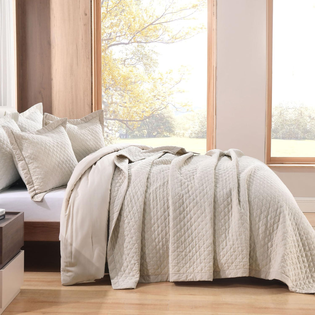 Grassix Linen Quilt Set King Size 3-Piece, 100% Linen Front & Cotton Back, Prewashed Diamond Stitch Bedspread with 2 Shams, Lightweight Breathable Quilt for Hot Sleepers, Modern Farmhouse Bedding
