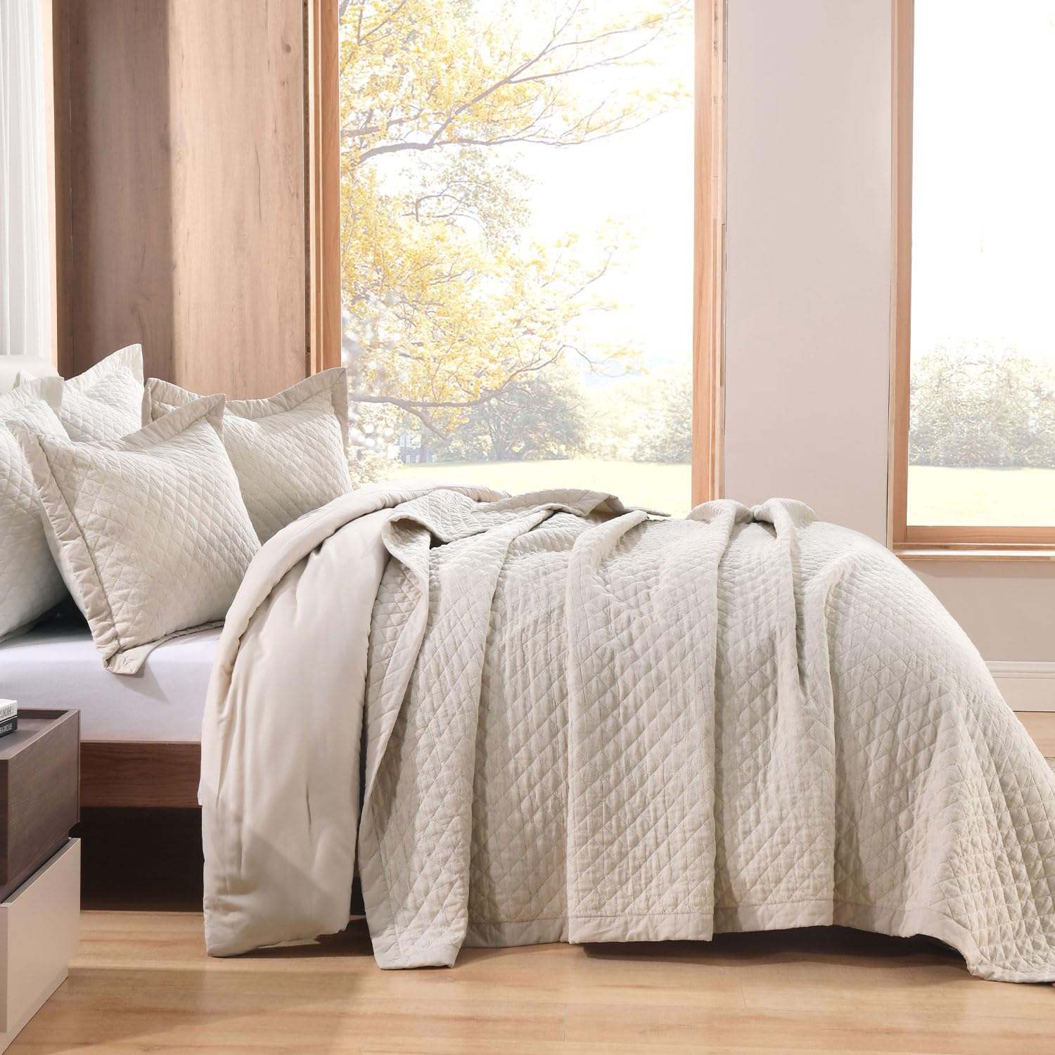 Grassix Linen Quilt Set King Size 3-Piece, 100% Linen Front & Cotton Back, Prewashed Diamond Stitch Bedspread with 2 Shams, Lightweight Breathable Quilt for Hot Sleepers, Modern Farmhouse Bedding