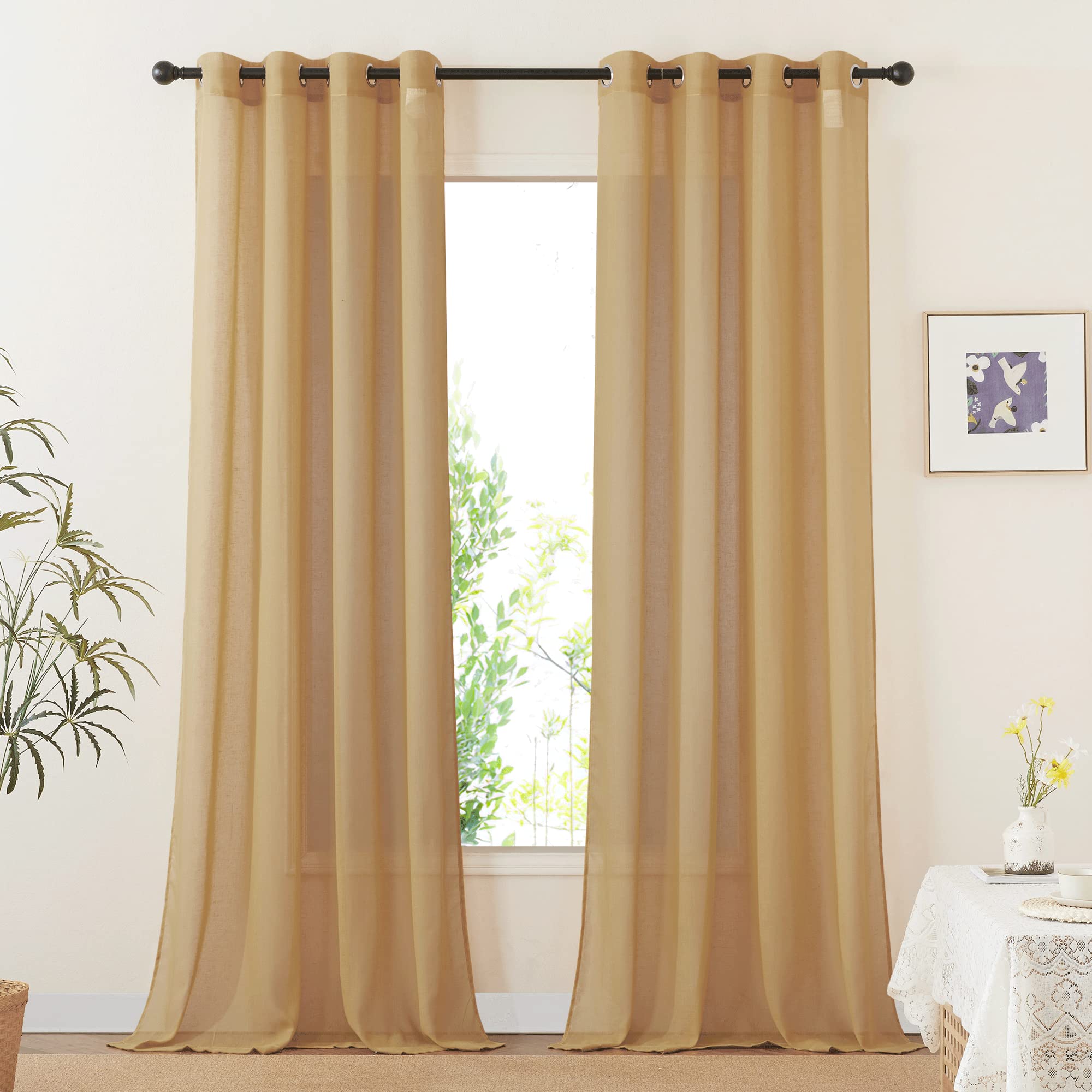 NICETOWN Semi Sheer Linen Curtains for Bedroom 84 inches Long, Grommet Privacy Vertical Farmhouse Window with Light Filtering for Living Room, Natural, W52 x L84, 2 Pieces