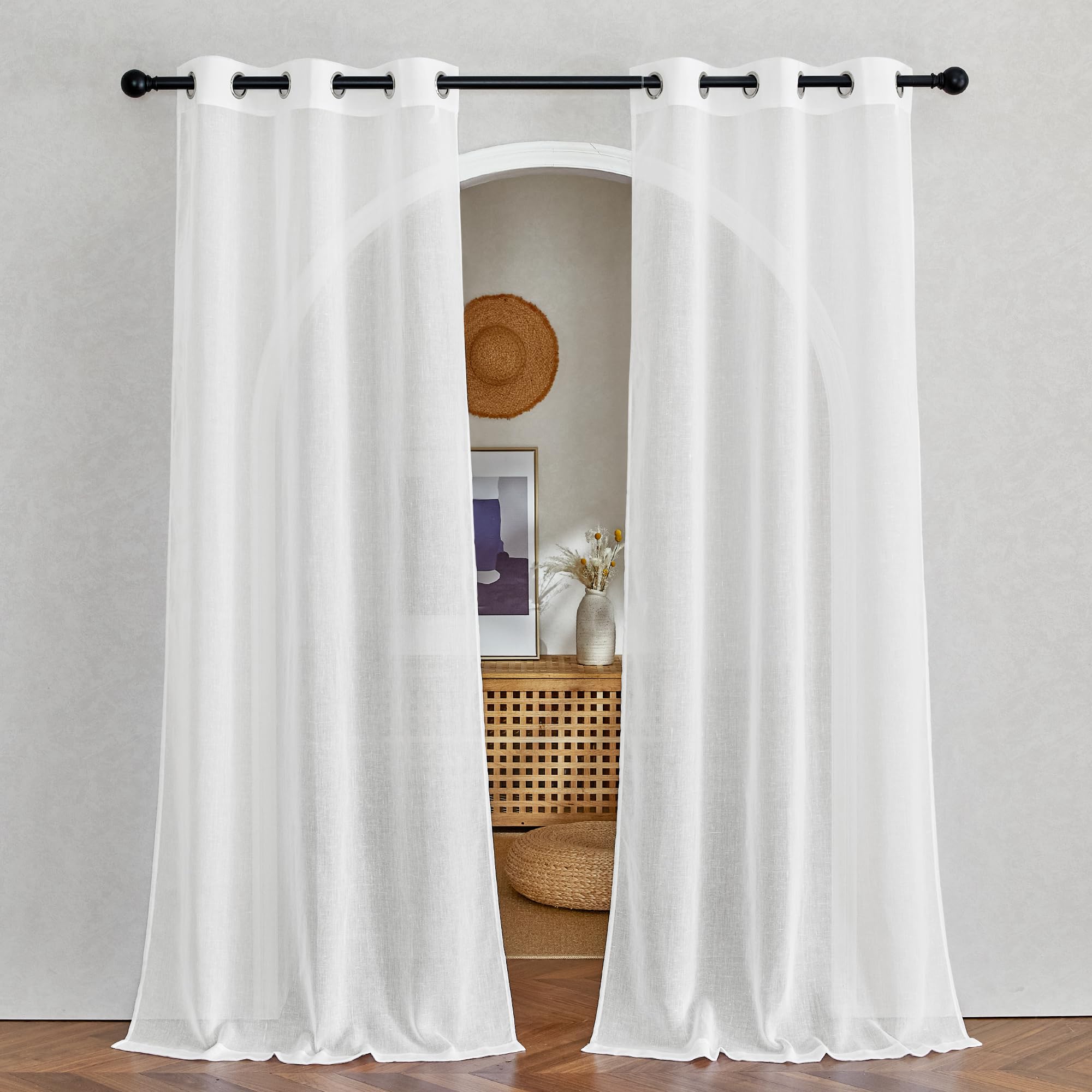 NICETOWN Semi Sheer Linen Curtains for Bedroom 84 inches Long, Grommet Privacy Vertical Farmhouse Window with Light Filtering for Living Room, Natural, W52 x L84, 2 Pieces