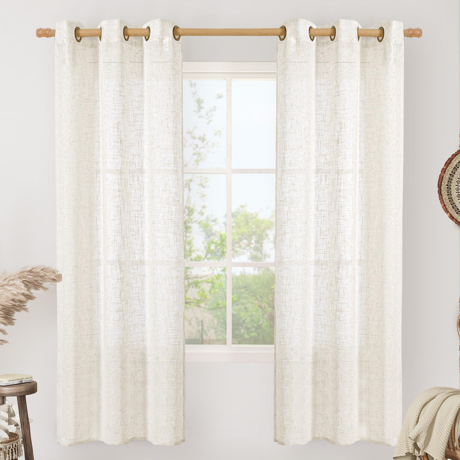 LAMIT Natural Ivory Linen Semi Sheer Curtains 84 inch Length, Cream Light Filtering Soft Thick Neutral Living Room Drapes with Bronze Grommet for Bedroom/Farmhouse, 2 Panels, 52 x 84 Inch