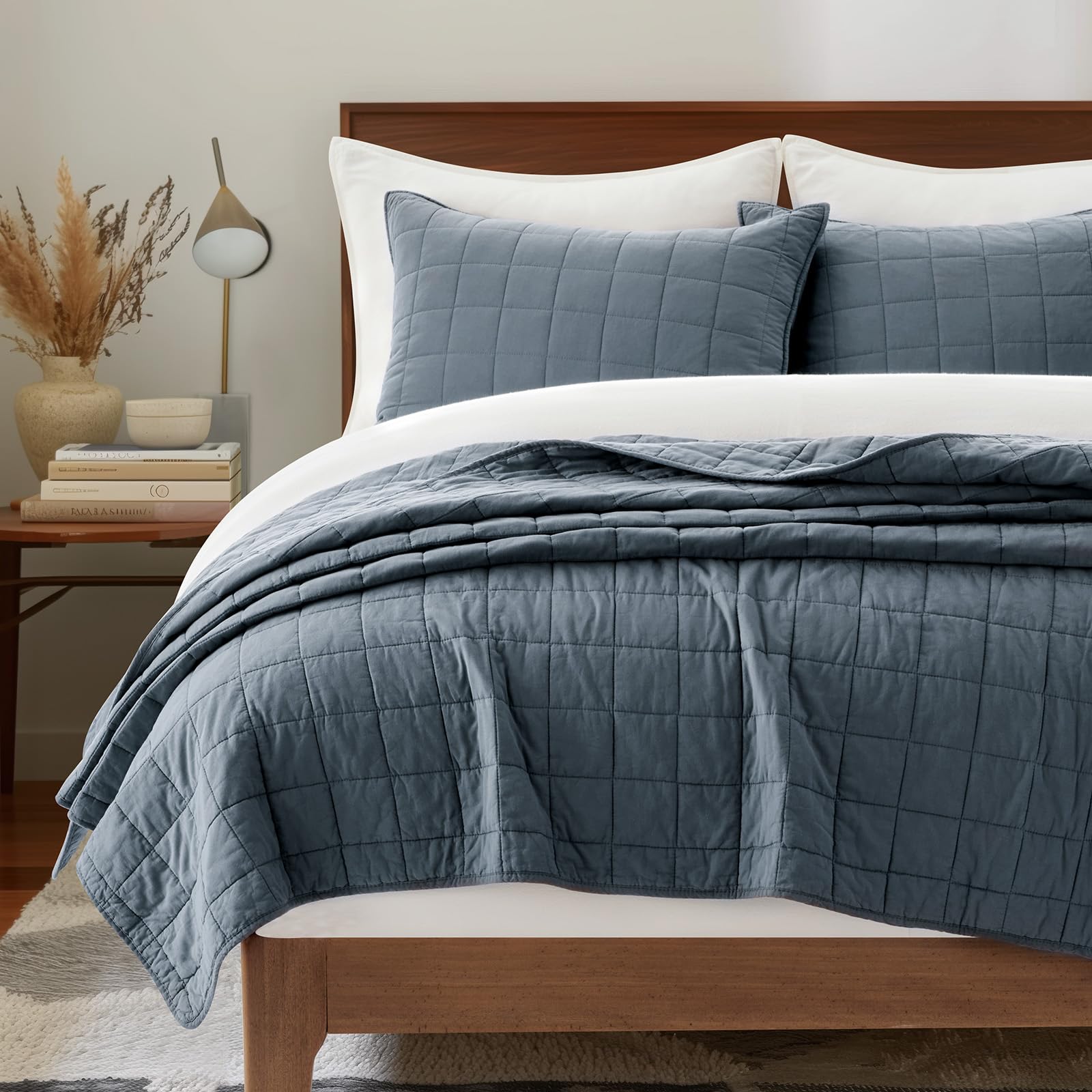 EVERGRACEHOME 100% Cotton Box Stitch Quilt Bedding Set Queen Size 3 Pieces, Garment-Washed Lightweight Soft Cozy Coverlet, Quilted Bedspread Sets with 2 Shams for All Season, Blue Linen | Box Stitch Design, 100% Cotton, Soft, Oversized, Pre Washed, Oeko-T