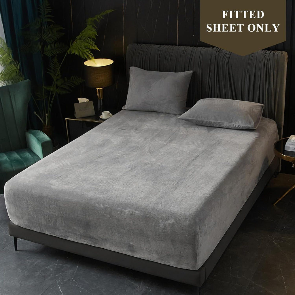 Ivellow Velvet Fitted Sheet Queen Size, 1 Pack Luxury Flannel Bed Sheets with 18” Extra Deep Pocket Queen Fitted Sheet Only Extra Soft Cozy Comfy Warmth Plush Grey Velvet Bottom Sheets No Pillowcases