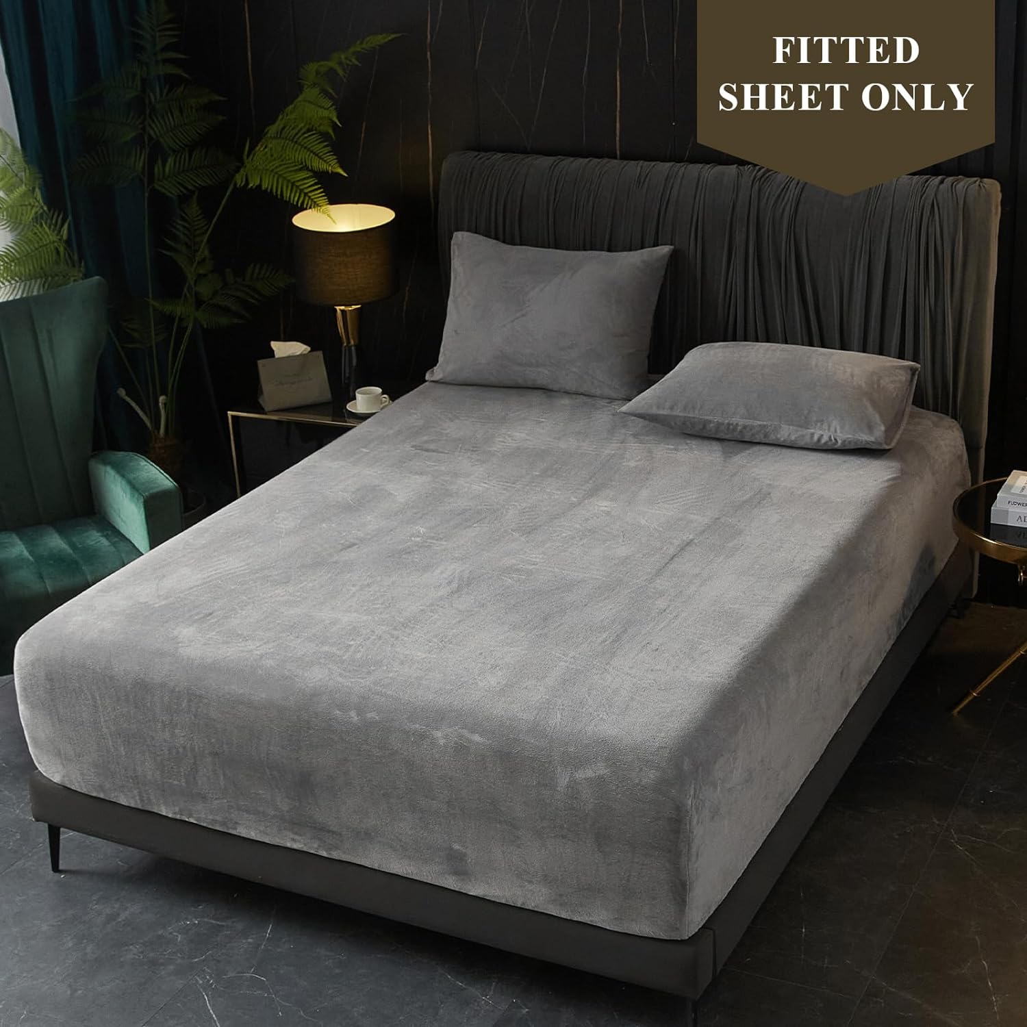 Ivellow Velvet Fitted Sheet Queen Size, 1 Pack Luxury Flannel Bed Sheets with 18” Extra Deep Pocket Queen Fitted Sheet Only Extra Soft Cozy Comfy Warmth Plush Grey Velvet Bottom Sheets No Pillowcases
