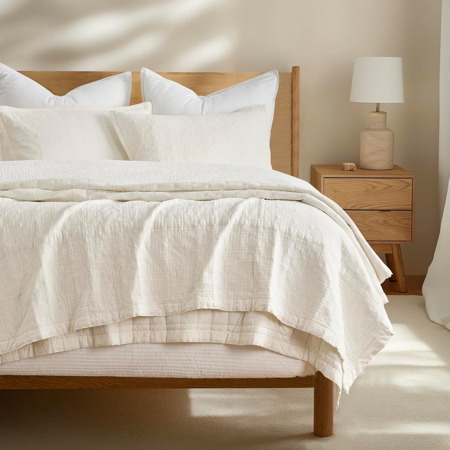 EVERGRACEHOME Stonewashed Cotton Quilt Set King Size, Ultra Soft Oversized Bedspread Coverlet Set, Lightweight Crinkle Box Stitch Bedding Sets for All Season, with 2 Shams, Mocha Brown
