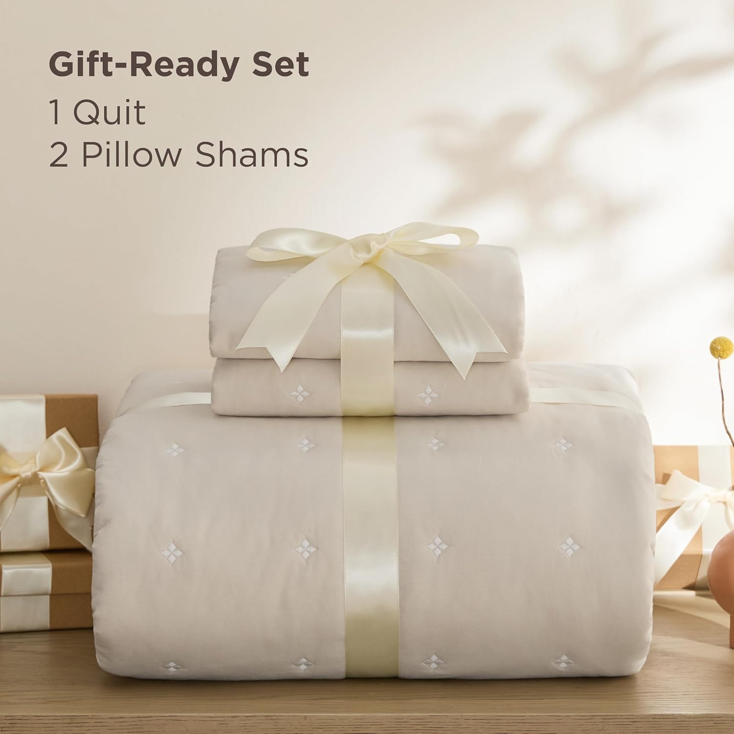 Bedsure 100% Cotton Quilt Set - Queen Size Bedspread, Lightweight Soft Bed Coverlet, PureWoven, 3-Piece Cozy Stitching Comforter with 2 Pillow Shams in Embroidery Clover Pattern, 90x96 in, Linen Beige