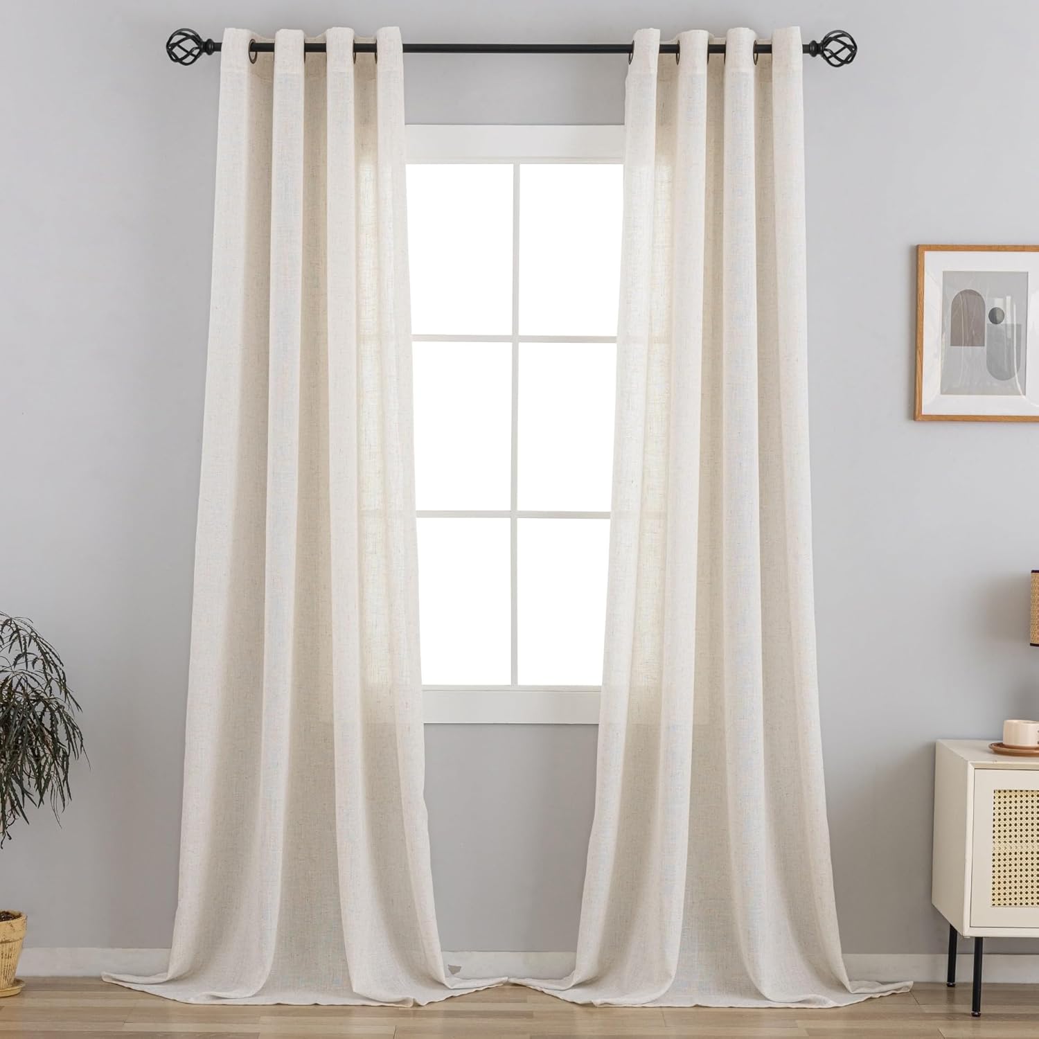 VOILYBIRD Palma Natural Linen Blended Sheer Curtains 84 Inches Long Bronze Grommet for Bedroom (Natural, 52" W x 84" L, 2 Panels)