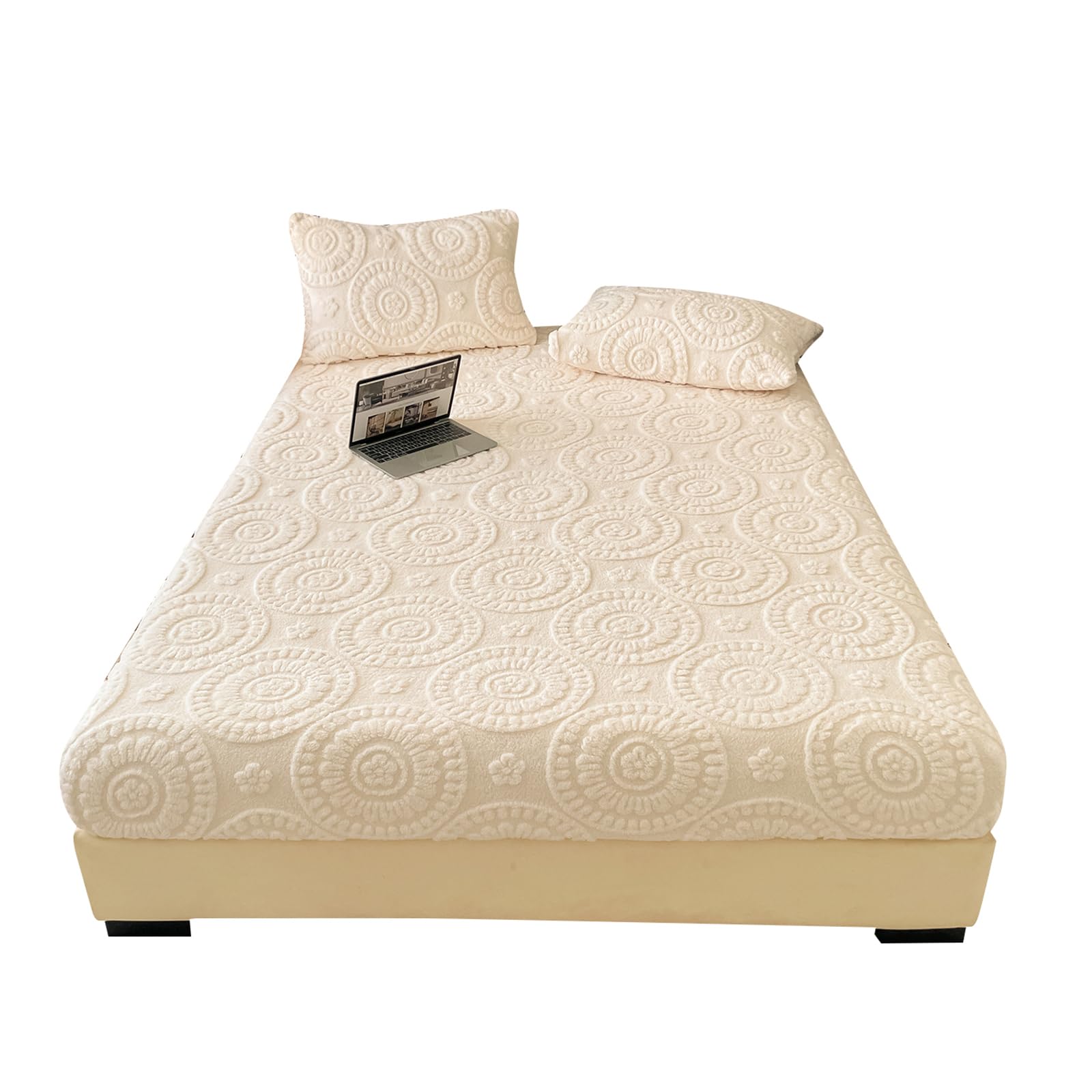 LweiPsqLin Fluffy Velvet Fitted Sheet Full Size - Micro Fleece Bed Sheet with 15" Deep Pockets, Bohemian Floral Jacquard Mattress Cover, Shrink & Fade Resistant, Khaki