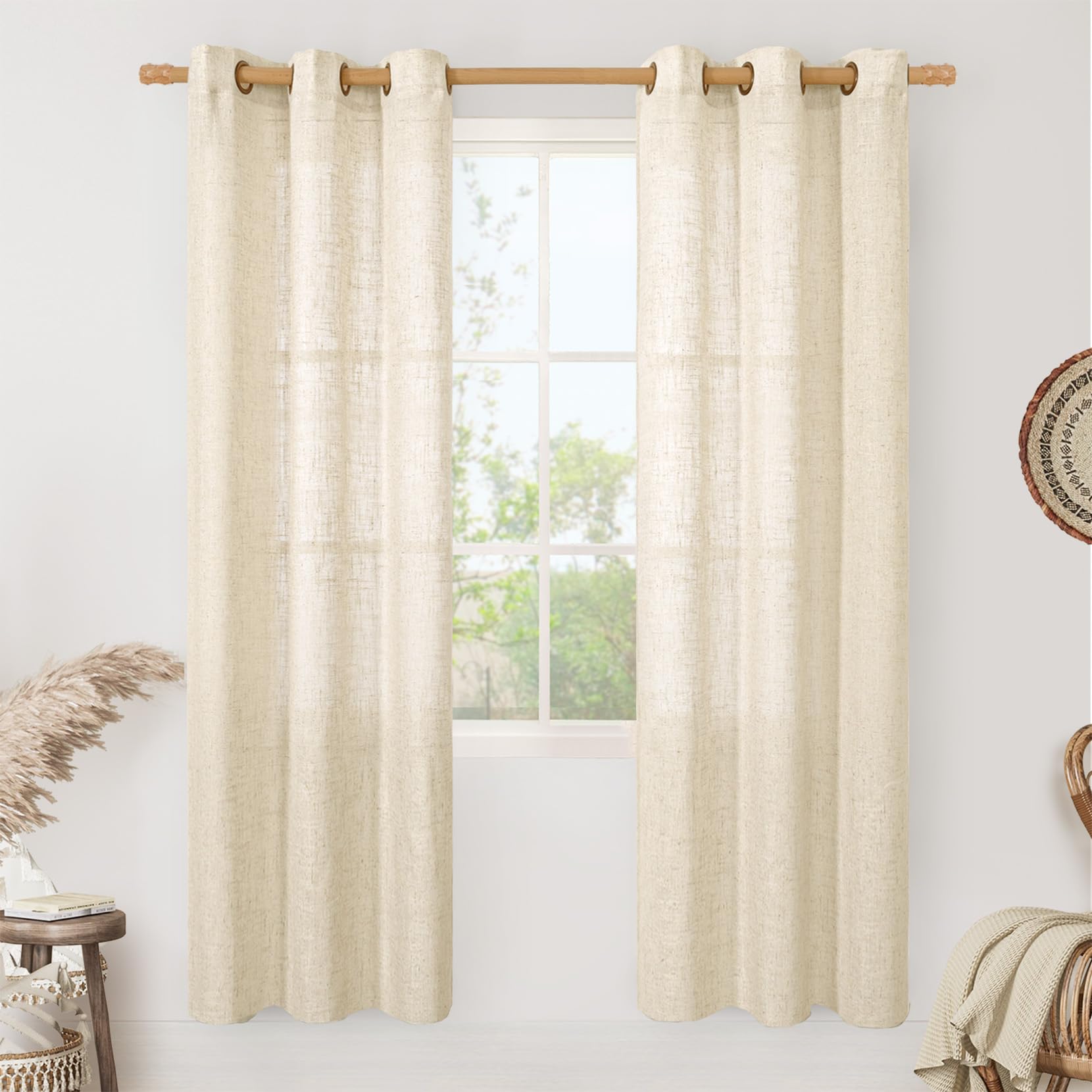 LAMIT Natural Ivory Linen Semi Sheer Curtains 84 inch Length, Cream Light Filtering Soft Thick Neutral Living Room Drapes with Bronze Grommet for Bedroom/Farmhouse, 2 Panels, 52 x 84 Inch