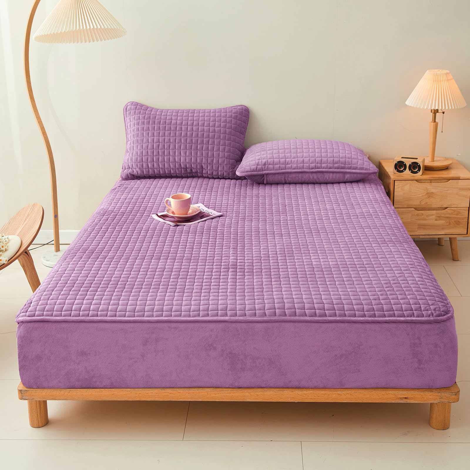 LweiPsqLin Quilted Flannel Fitted Sheets,Soft Flannel Fleece Mattress Top- Suitable for Fall and Winter,Fitted Deep Pocket Up to 15''. (Gray, Queen)