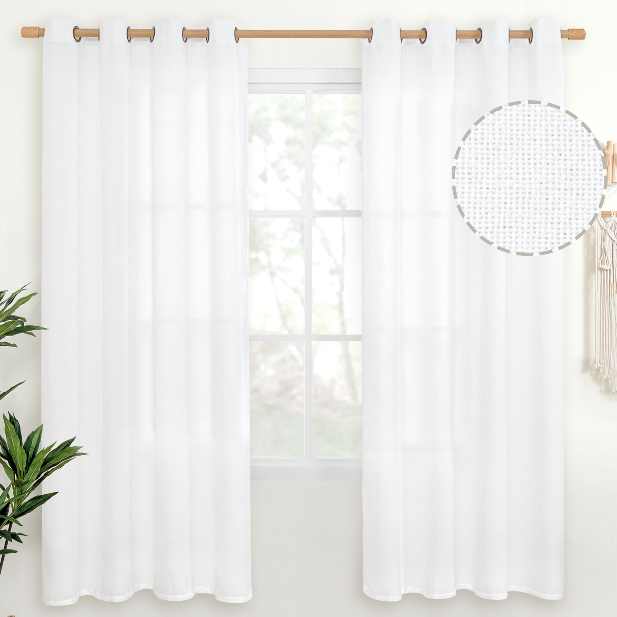 YoungsTex Linen Semi Sheer Curtains 63 Inch Length 2 Panels for Living Room - Light Filtering Drapes with Bronze Grommet Beige Window Treatments for Country Office Bedroom, 52 X 63 Inch