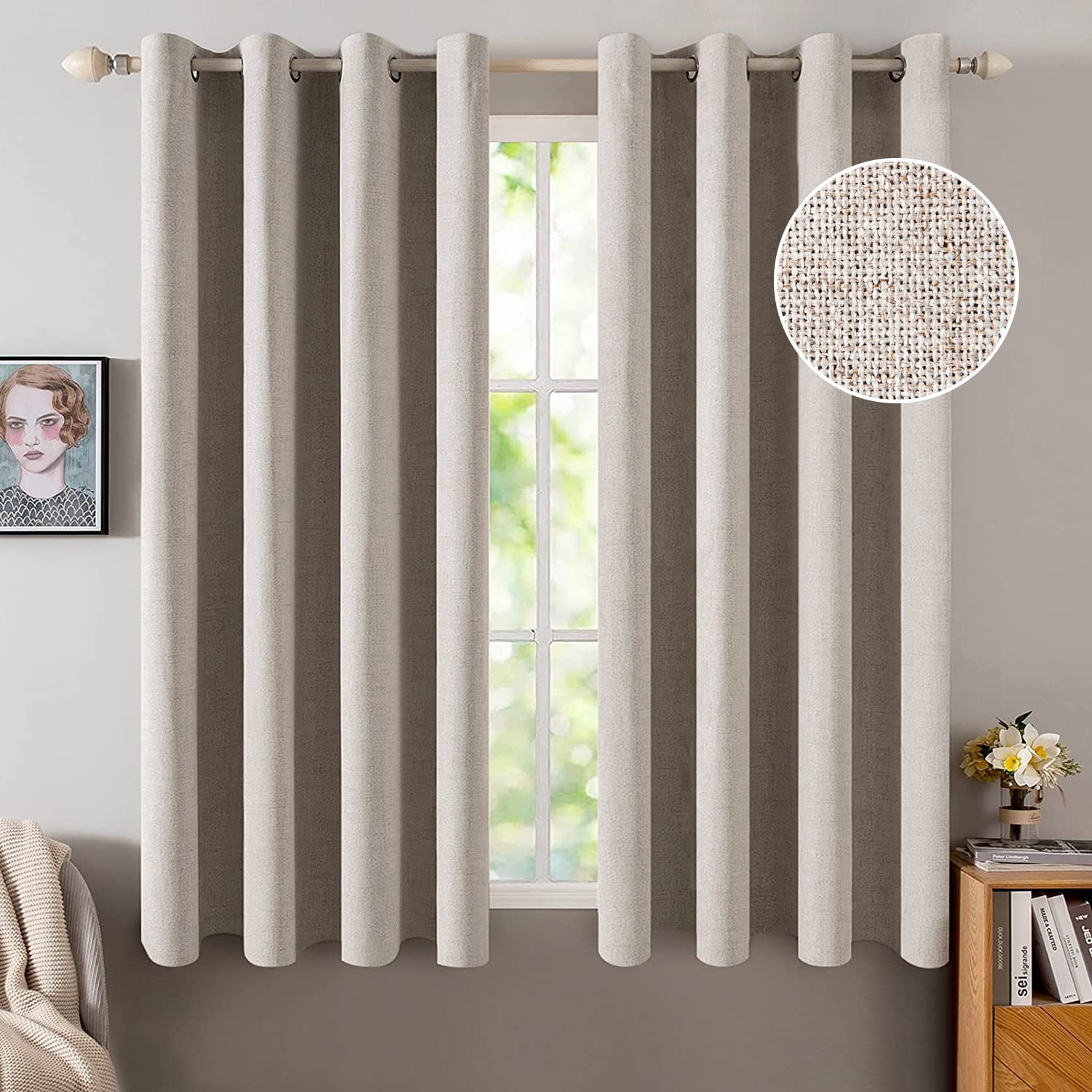 MIULEE 100% Blackout Linen Textured Curtains for Bedroom Solid Thermal Insulated Cream Grommet Room Darkening Curtains & Drapes Luxury Decor for Living Room Nursery 52 x 84 Inch (2 Panels)