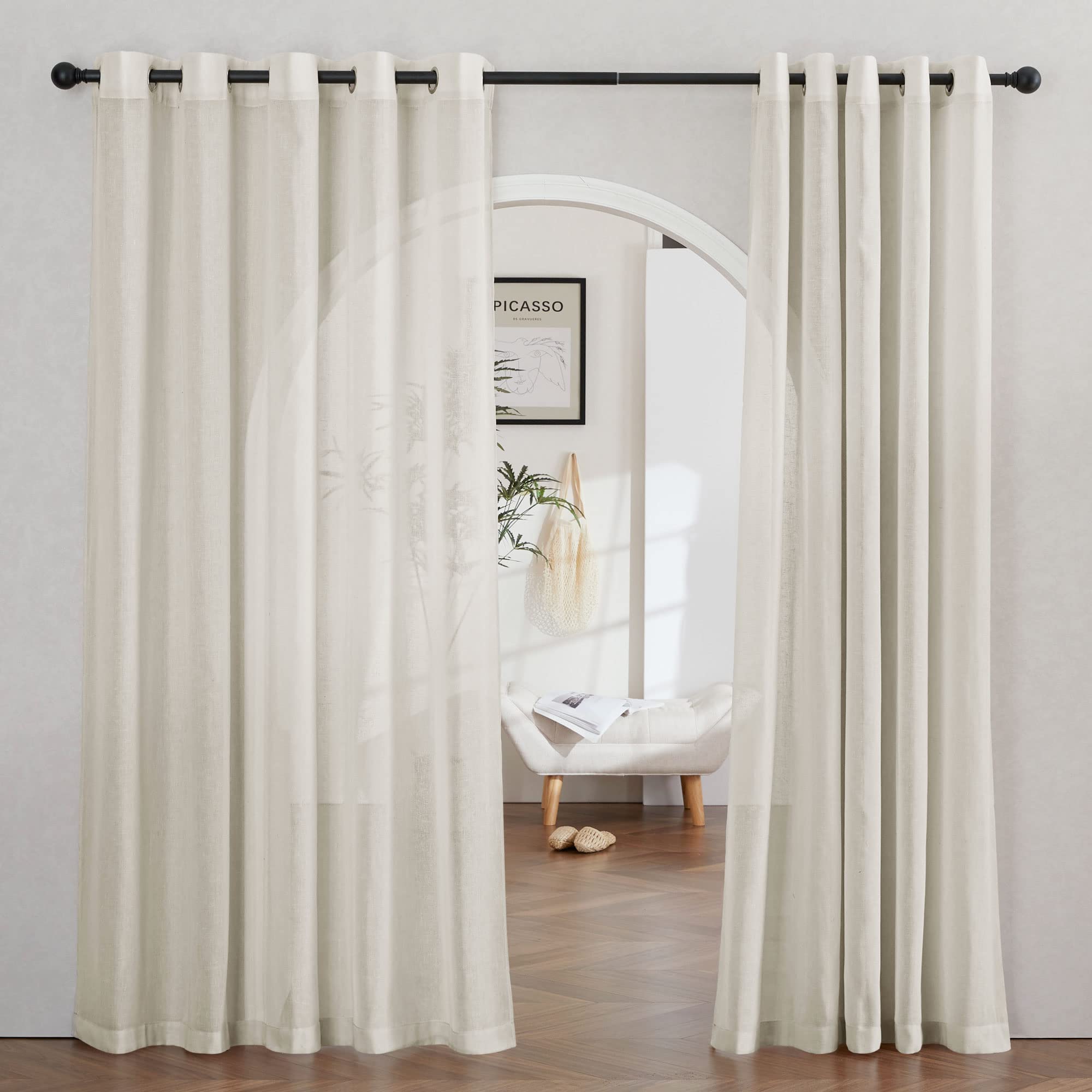 NICETOWN Semi Sheer Linen Curtains for Bedroom 84 inches Long, Grommet Privacy Vertical Farmhouse Window with Light Filtering for Living Room, Natural, W52 x L84, 2 Pieces