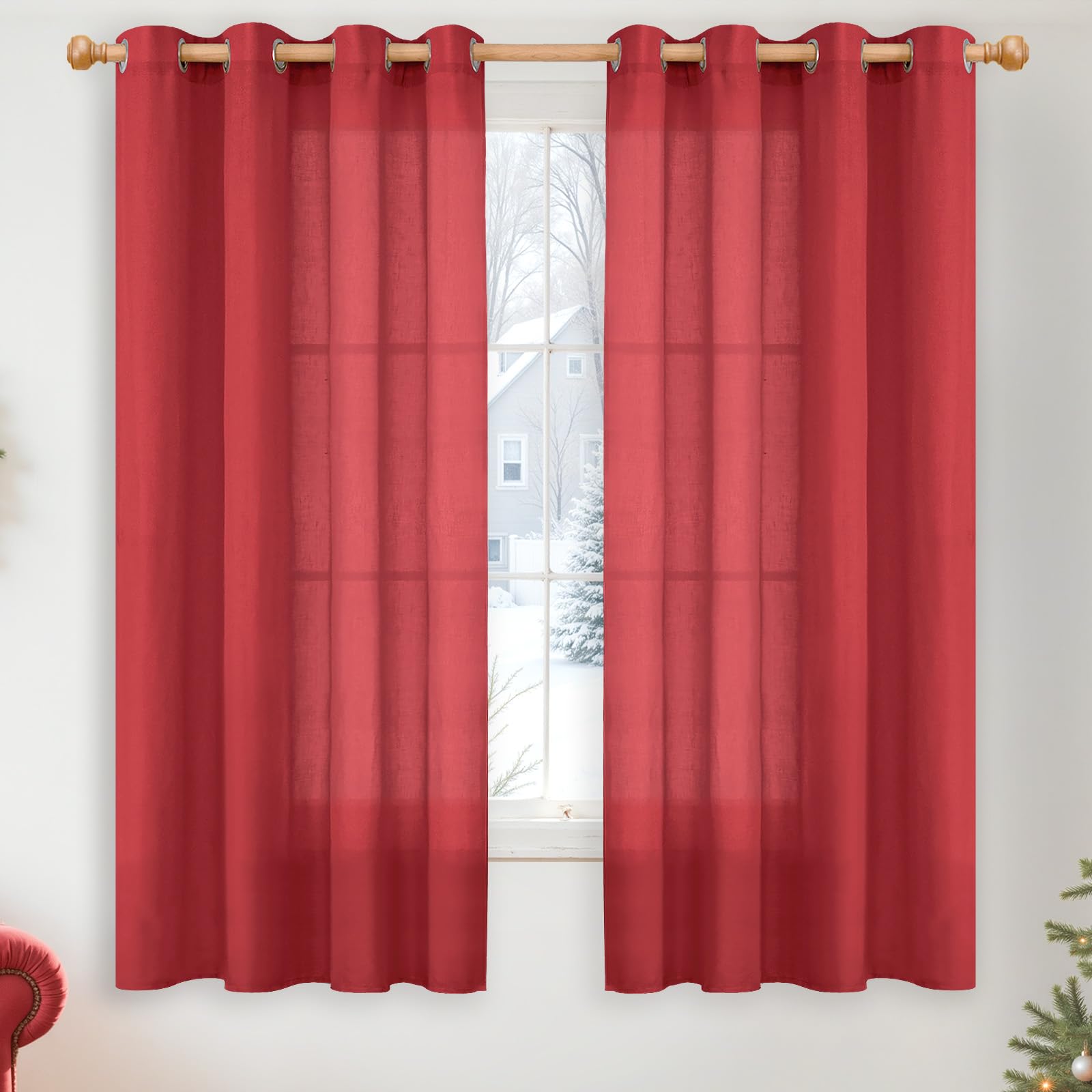 YoungsTex Linen Semi Sheer Curtains 63 Inch Length 2 Panels for Living Room - Light Filtering Drapes with Bronze Grommet Beige Window Treatments for Country Office Bedroom, 52 X 63 Inch