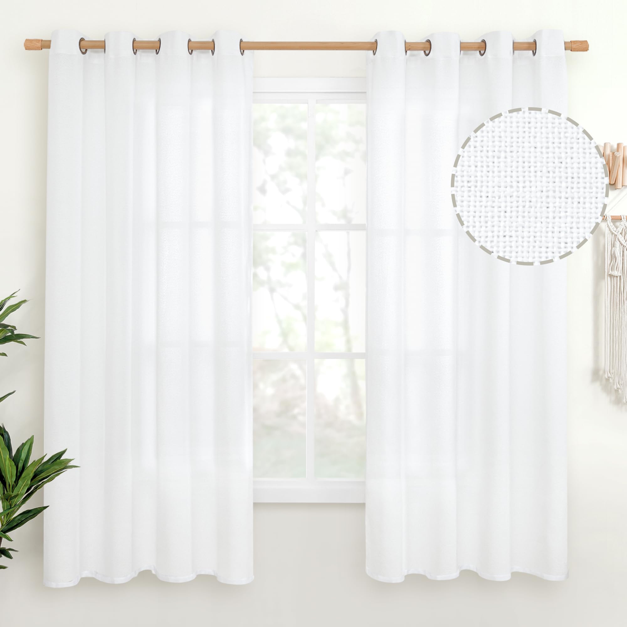 YoungsTex Linen Semi Sheer Curtains 63 Inch Length 2 Panels for Living Room - Light Filtering Drapes with Bronze Grommet Beige Window Treatments for Country Office Bedroom, 52 X 63 Inch