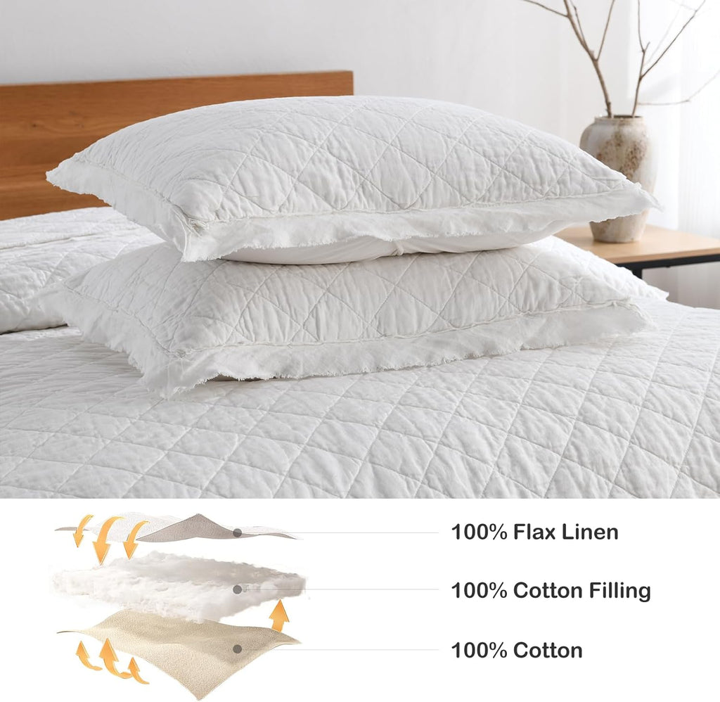 HORIMOTE HOME 100% Linen Front/100% Cotton Back Quilt Set Queen Size, White Pre-Washed European Flax Linen Quilt, Diamond Stitch Bedspread Coverlet Bedding Set 3-Piece for All Seasons