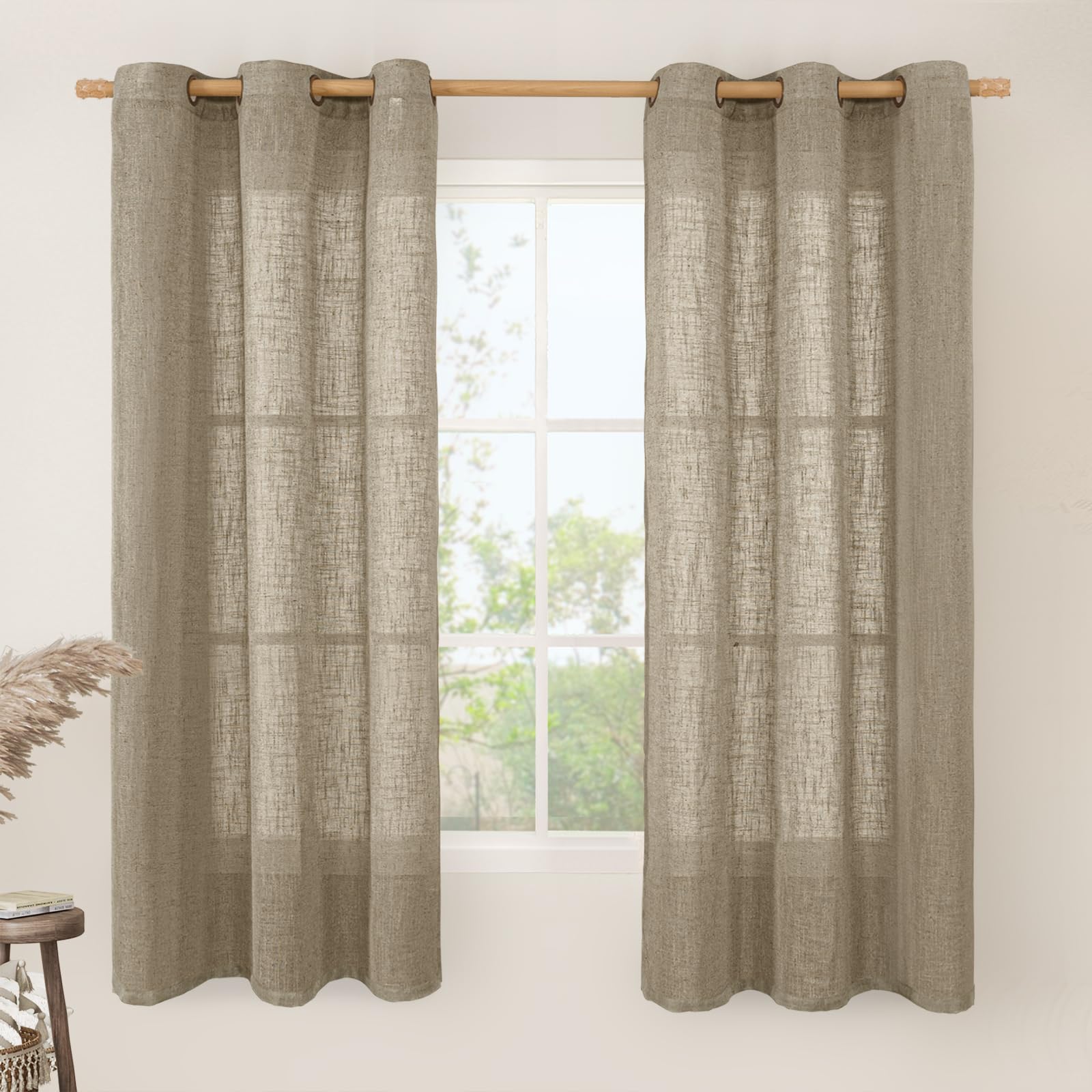 LAMIT Natural Ivory Linen Semi Sheer Curtains 84 inch Length, Cream Light Filtering Soft Thick Neutral Living Room Drapes with Bronze Grommet for Bedroom/Farmhouse, 2 Panels, 52 x 84 Inch