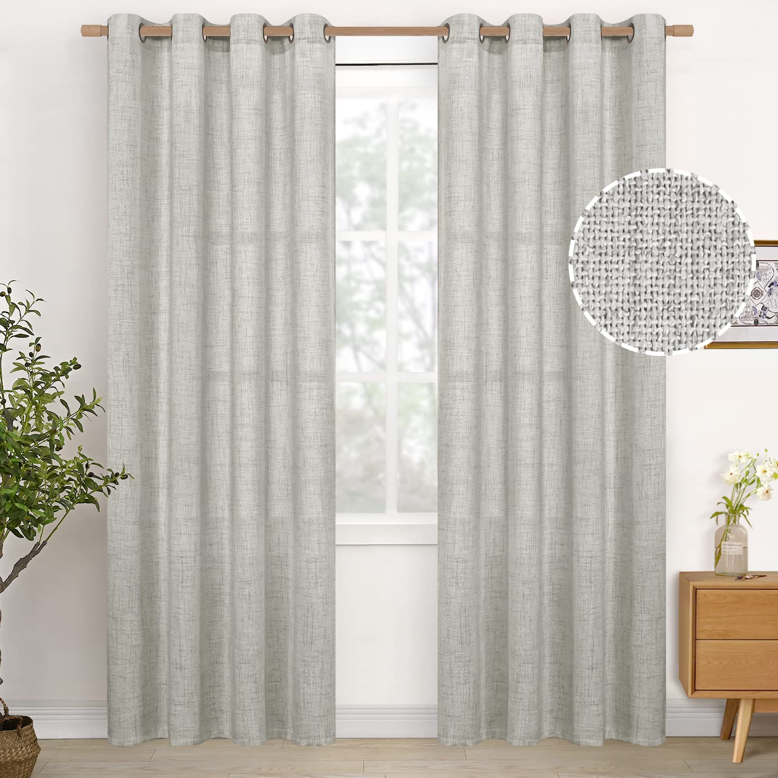 YoungsTex Linen Semi Sheer Curtains 63 Inch Length 2 Panels for Living Room - Light Filtering Drapes with Bronze Grommet Beige Window Treatments for Country Office Bedroom, 52 X 63 Inch