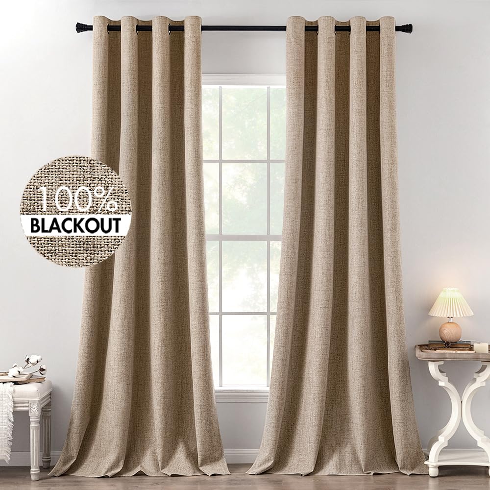MIULEE 100% Blackout Linen Textured Curtains for Bedroom Solid Thermal Insulated Cream Grommet Room Darkening Curtains & Drapes Luxury Decor for Living Room Nursery 52 x 84 Inch (2 Panels)