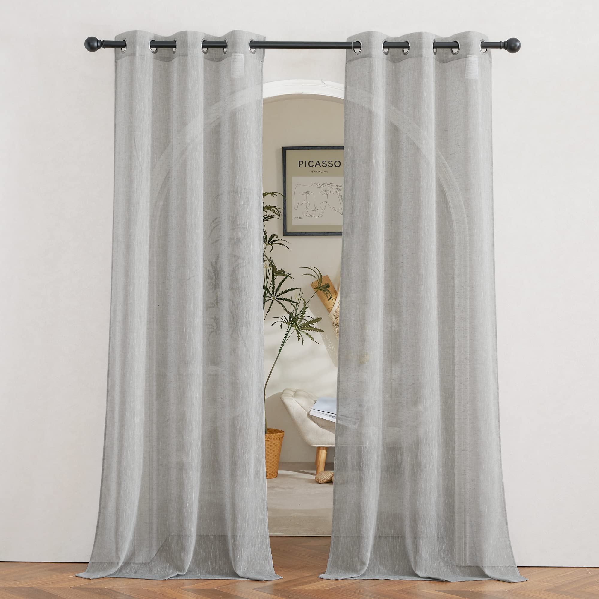 NICETOWN Semi Sheer Linen Curtains for Bedroom 84 inches Long, Grommet Privacy Vertical Farmhouse Window with Light Filtering for Living Room, Natural, W52 x L84, 2 Pieces