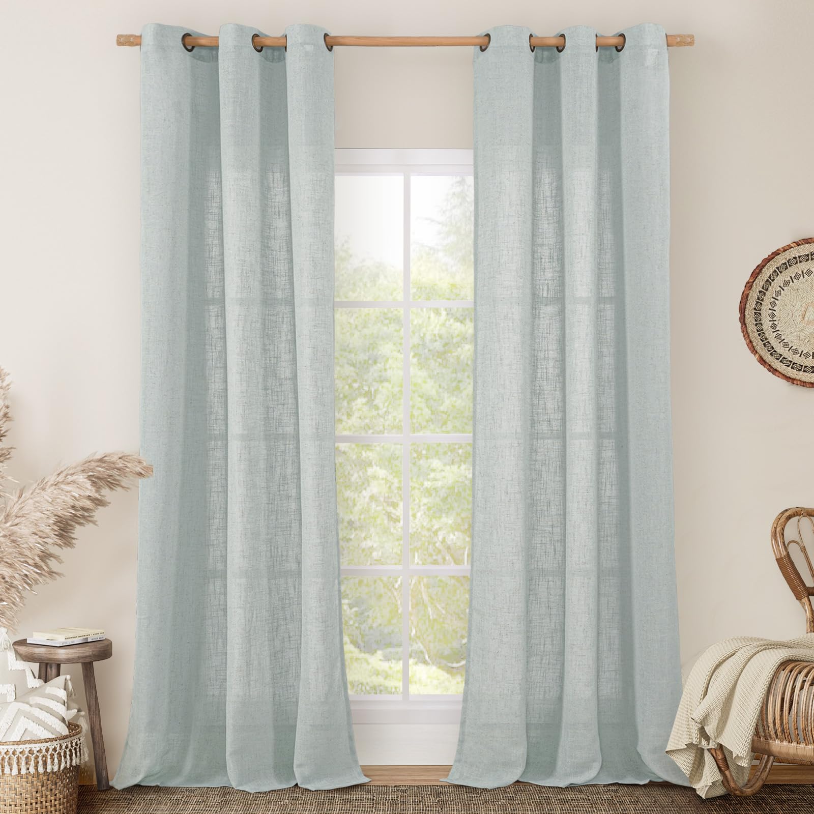 LAMIT Natural Ivory Linen Semi Sheer Curtains 84 inch Length, Cream Light Filtering Soft Thick Neutral Living Room Drapes with Bronze Grommet for Bedroom/Farmhouse, 2 Panels, 52 x 84 Inch