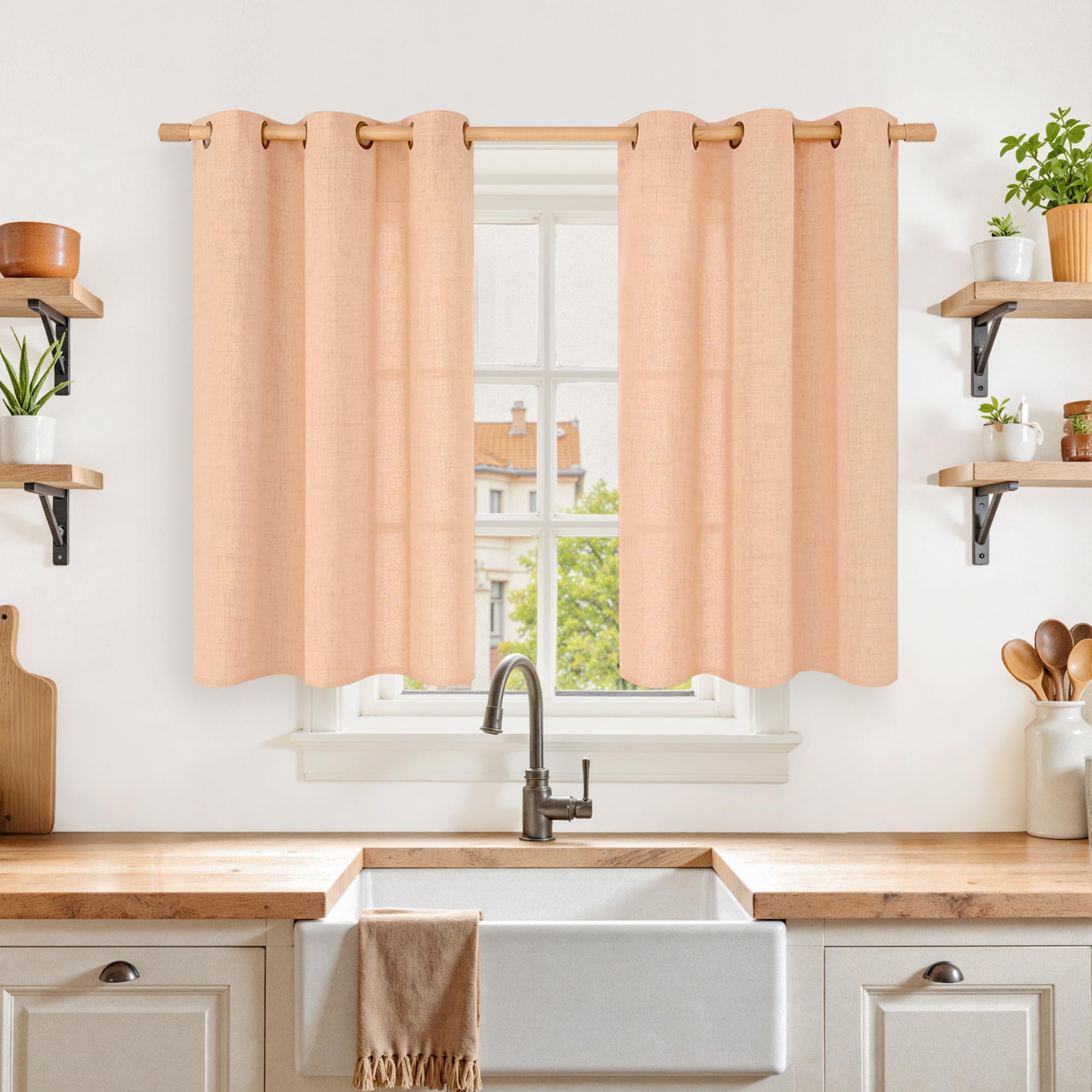 YoungsTex Linen Semi Sheer Curtains 63 Inch Length 2 Panels for Living Room - Light Filtering Drapes with Bronze Grommet Beige Window Treatments for Country Office Bedroom, 52 X 63 Inch