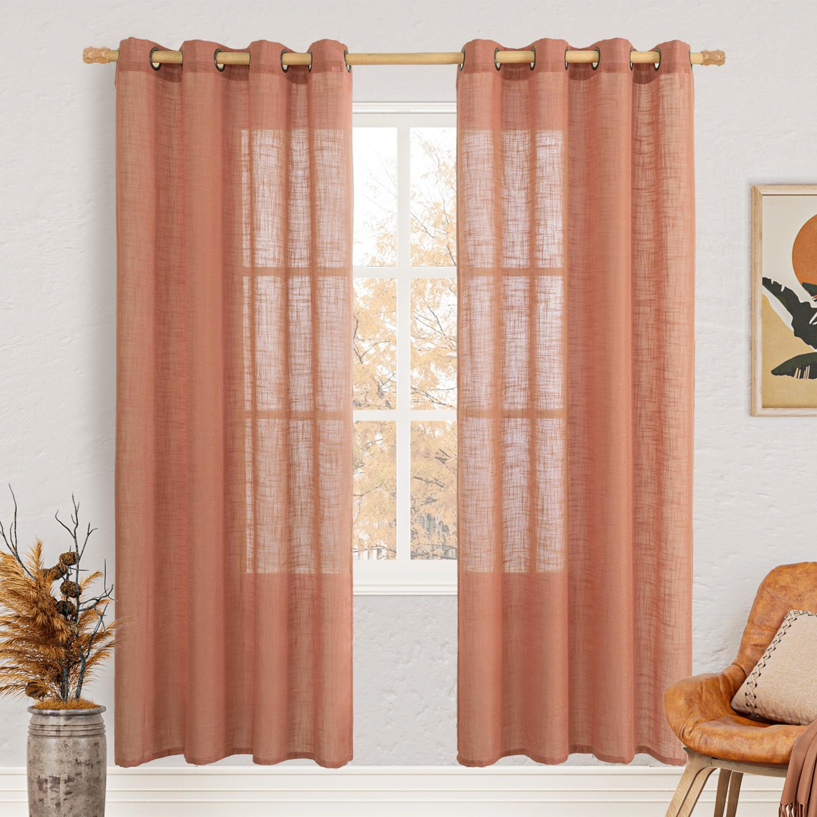 LAMIT Natural Ivory Linen Semi Sheer Curtains 84 inch Length, Cream Light Filtering Soft Thick Neutral Living Room Drapes with Bronze Grommet for Bedroom/Farmhouse, 2 Panels, 52 x 84 Inch