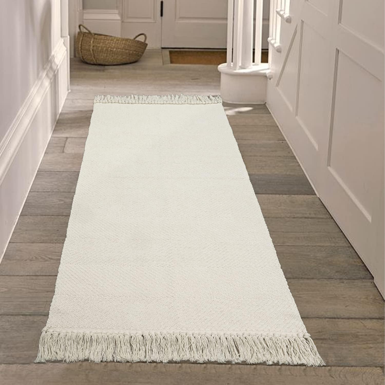 Collive 4x6 Area Rug, Natural/Black Woven Cotton Washable Modern Bedroom Rugs, Boho Dining Room Door Rug Carpet with Tassel for Living Room Nursery Room Office, Outdoor Rug for Patio Hallway Decor