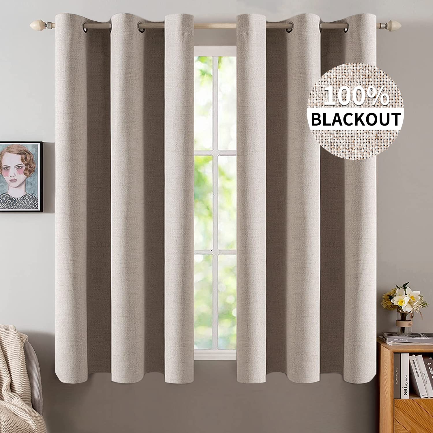 MIULEE 100% Blackout Linen Textured Curtains for Bedroom Solid Thermal Insulated Natural Beige Grommet Room Darkening Curtains & Drapes Luxury Decor for Living Room Nursery 52 x 96 Inch (2 Panels)
