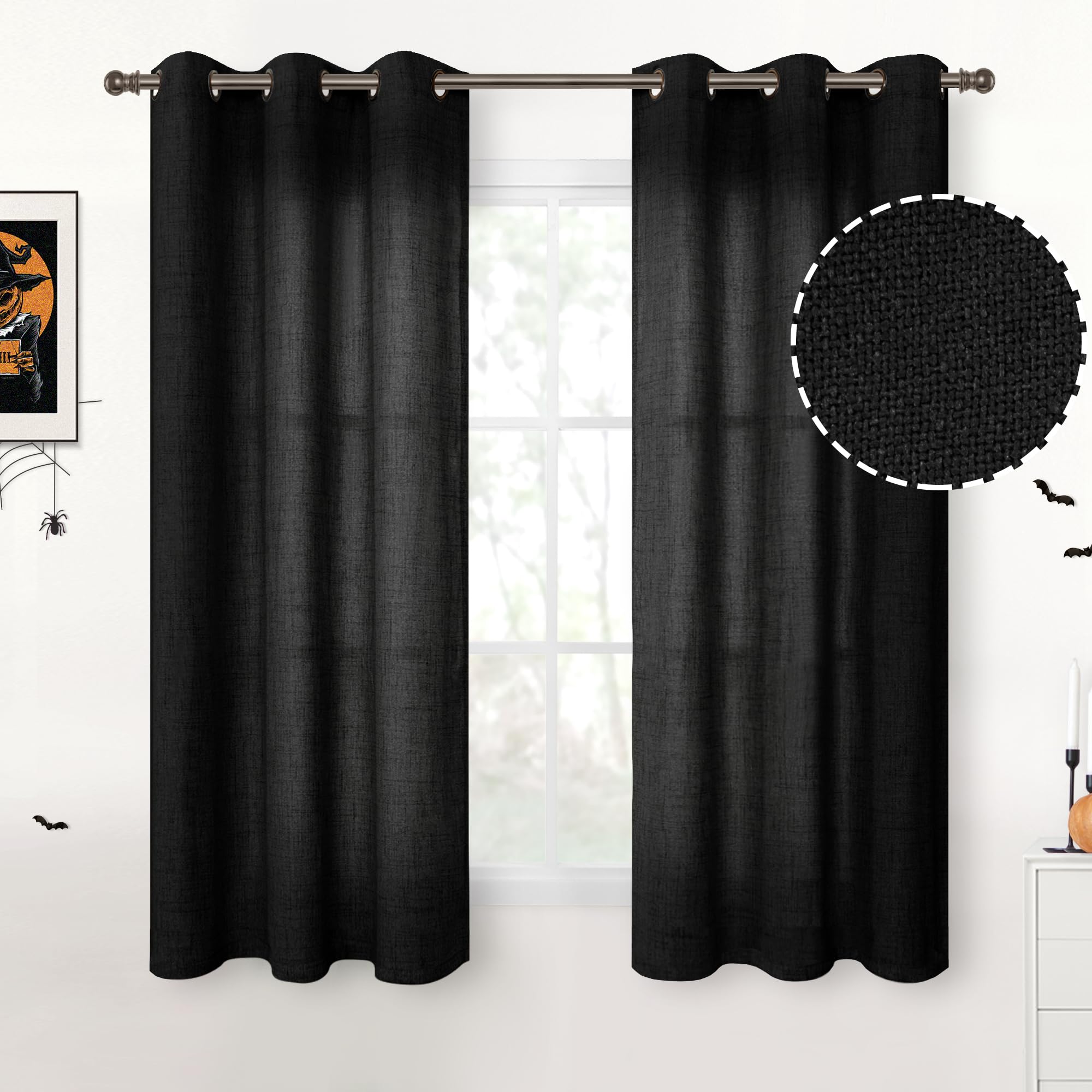 YoungsTex Linen Semi Sheer Curtains 63 Inch Length 2 Panels for Living Room - Light Filtering Drapes with Bronze Grommet Beige Window Treatments for Country Office Bedroom, 52 X 63 Inch