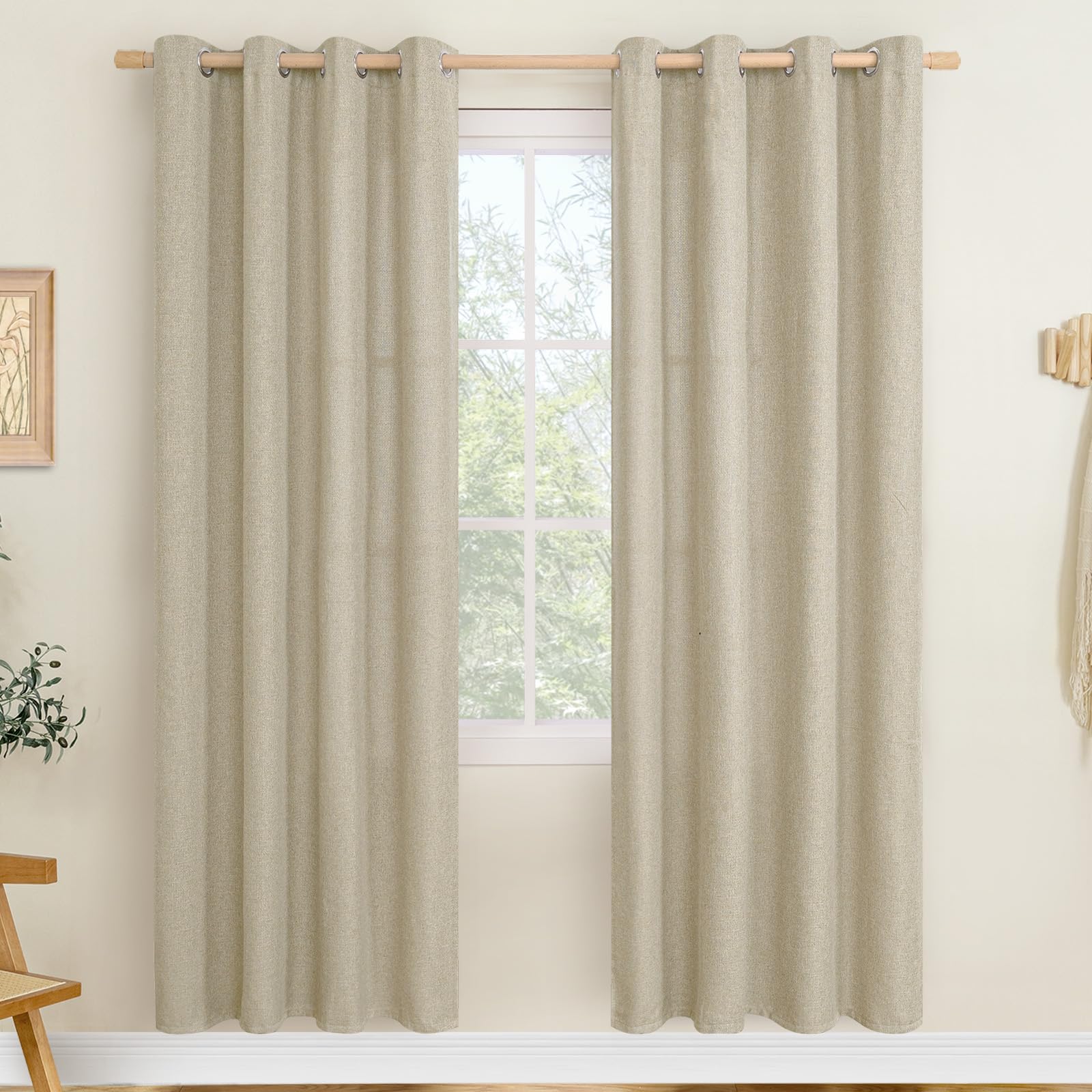 LAMIT Linen Curtains 84 inch Length 2 Panels, Grommet Thick Soft Light Filtering Curtains Privacy Living Room Window Drapes for Bedroom/Farmhouse, W52 x L84, Natural Beige