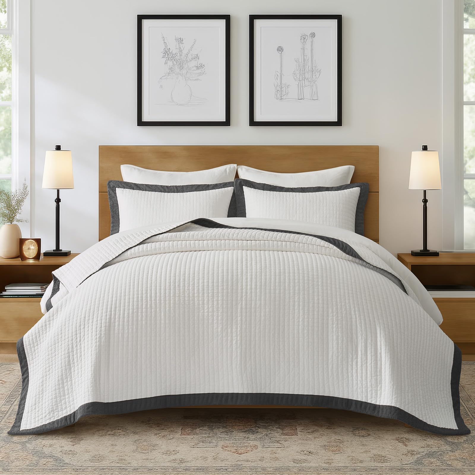 EVERGRACE Cotton Border Frame Tack-Stitch Quilt Bedding Set King Size, Coastal Oversized 3 Pieces Lightweight Bedspread Coverlet for All Season, with 2 Matching Shams, Blue Linen | Pick-Stitch Channel, Border Frame, Pre Washed, Oeko-Tex Certified, 100% Co