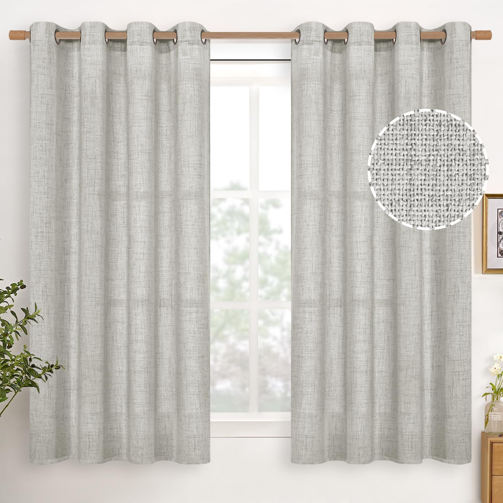 YoungsTex Linen Semi Sheer Curtains 63 Inch Length 2 Panels for Living Room - Light Filtering Drapes with Bronze Grommet Beige Window Treatments for Country Office Bedroom, 52 X 63 Inch