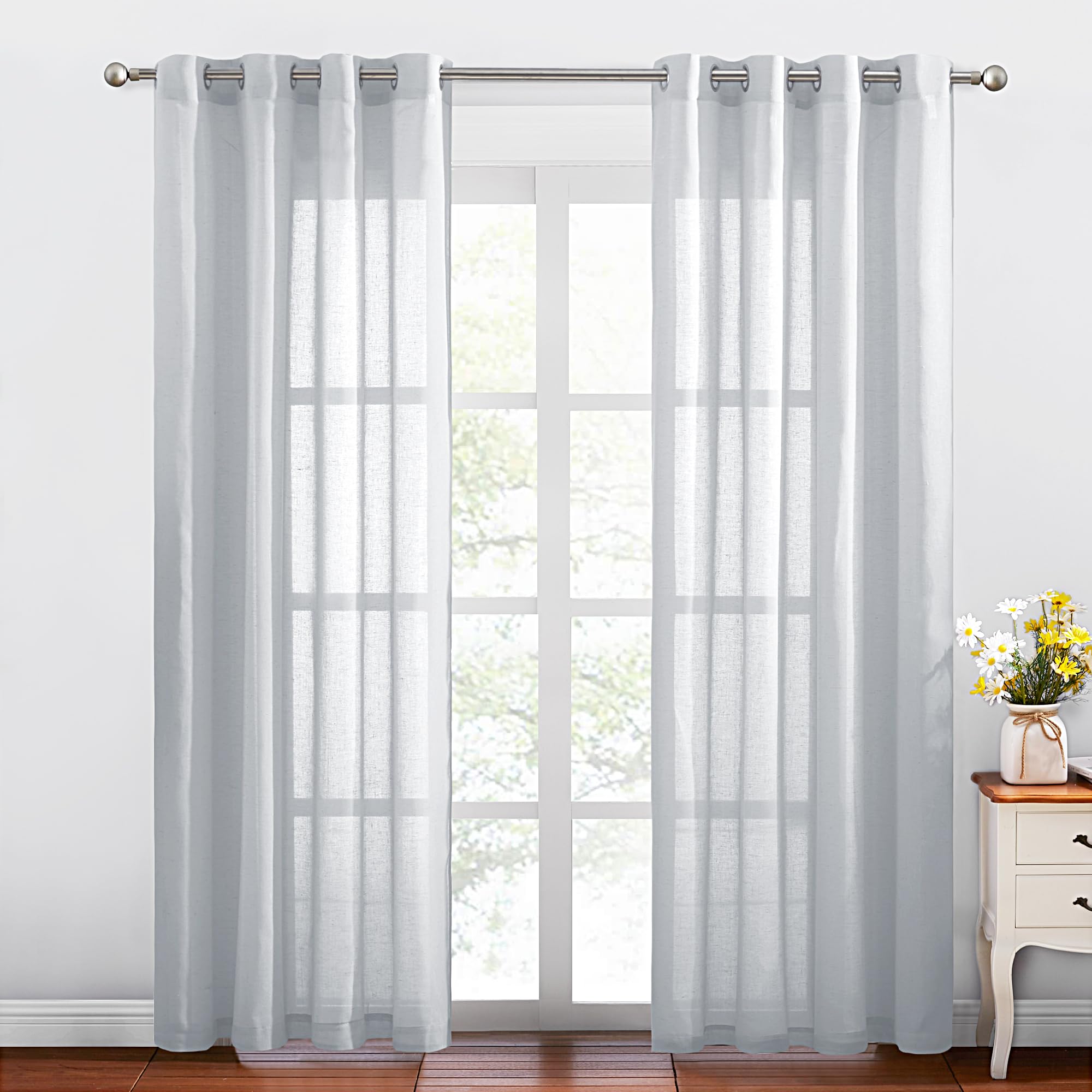 NICETOWN Semi Sheer Linen Curtains for Bedroom 84 inches Long, Grommet Privacy Vertical Farmhouse Window with Light Filtering for Living Room, Natural, W52 x L84, 2 Pieces
