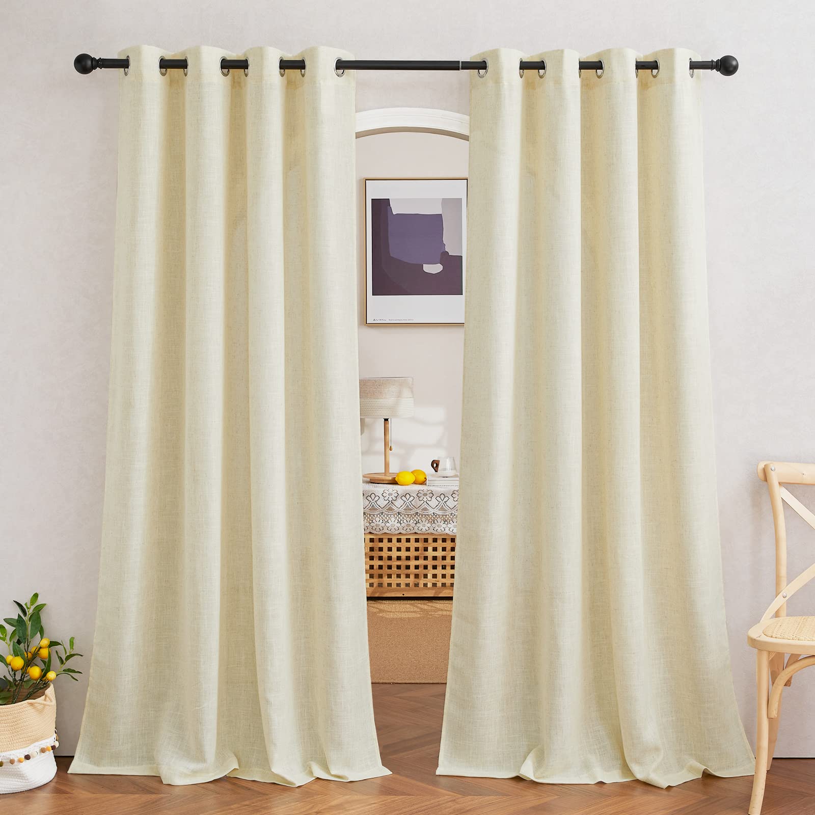 NICETOWN Semi Sheer Linen Curtains for Bedroom 84 inches Long, Grommet Privacy Vertical Farmhouse Window with Light Filtering for Living Room, Natural, W52 x L84, 2 Pieces