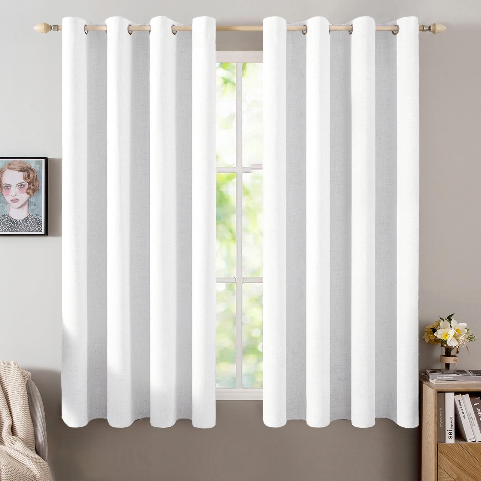 MIULEE 100% Blackout Linen Textured Curtains for Bedroom Solid Thermal Insulated Natural Beige Grommet Room Darkening Curtains & Drapes Luxury Decor for Living Room Nursery 52 x 96 Inch (2 Panels)