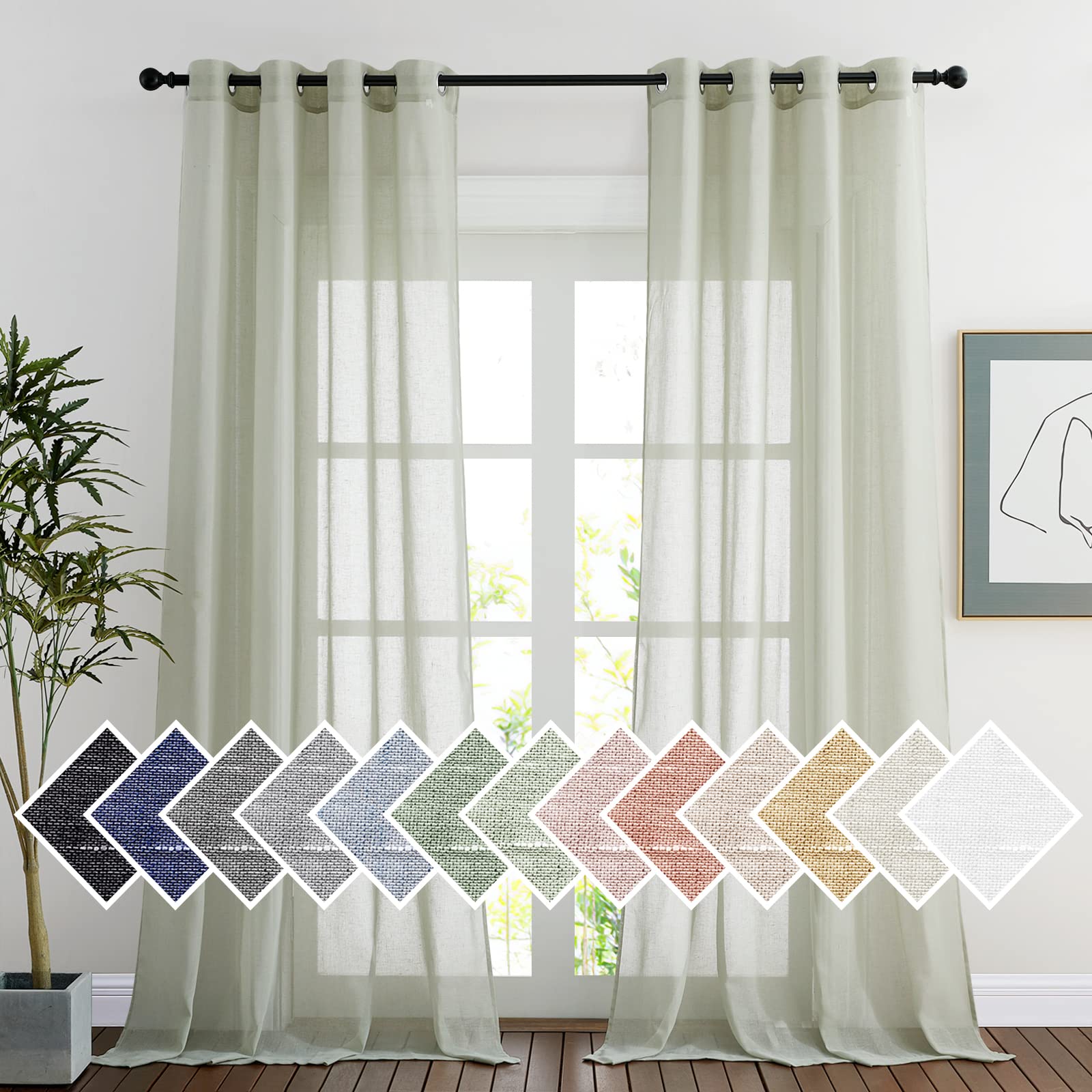 NICETOWN Semi Sheer Linen Curtains for Bedroom 84 inches Long, Grommet Privacy Vertical Farmhouse Window with Light Filtering for Living Room, Natural, W52 x L84, 2 Pieces
