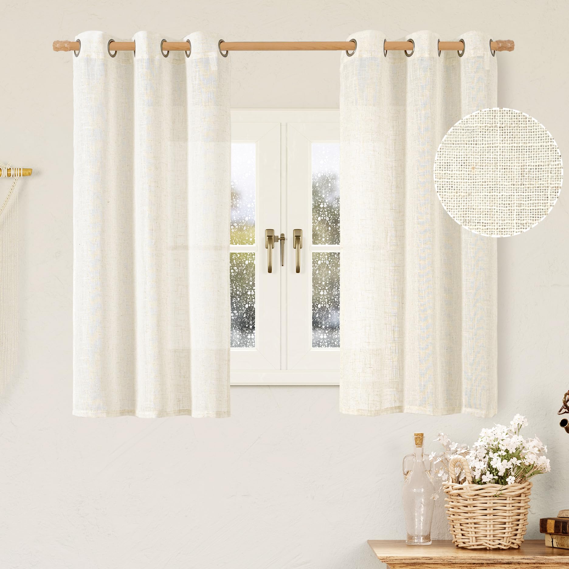LAMIT Natural Ivory Linen Semi Sheer Curtains 84 inch Length, Cream Light Filtering Soft Thick Neutral Living Room Drapes with Bronze Grommet for Bedroom/Farmhouse, 2 Panels, 52 x 84 Inch