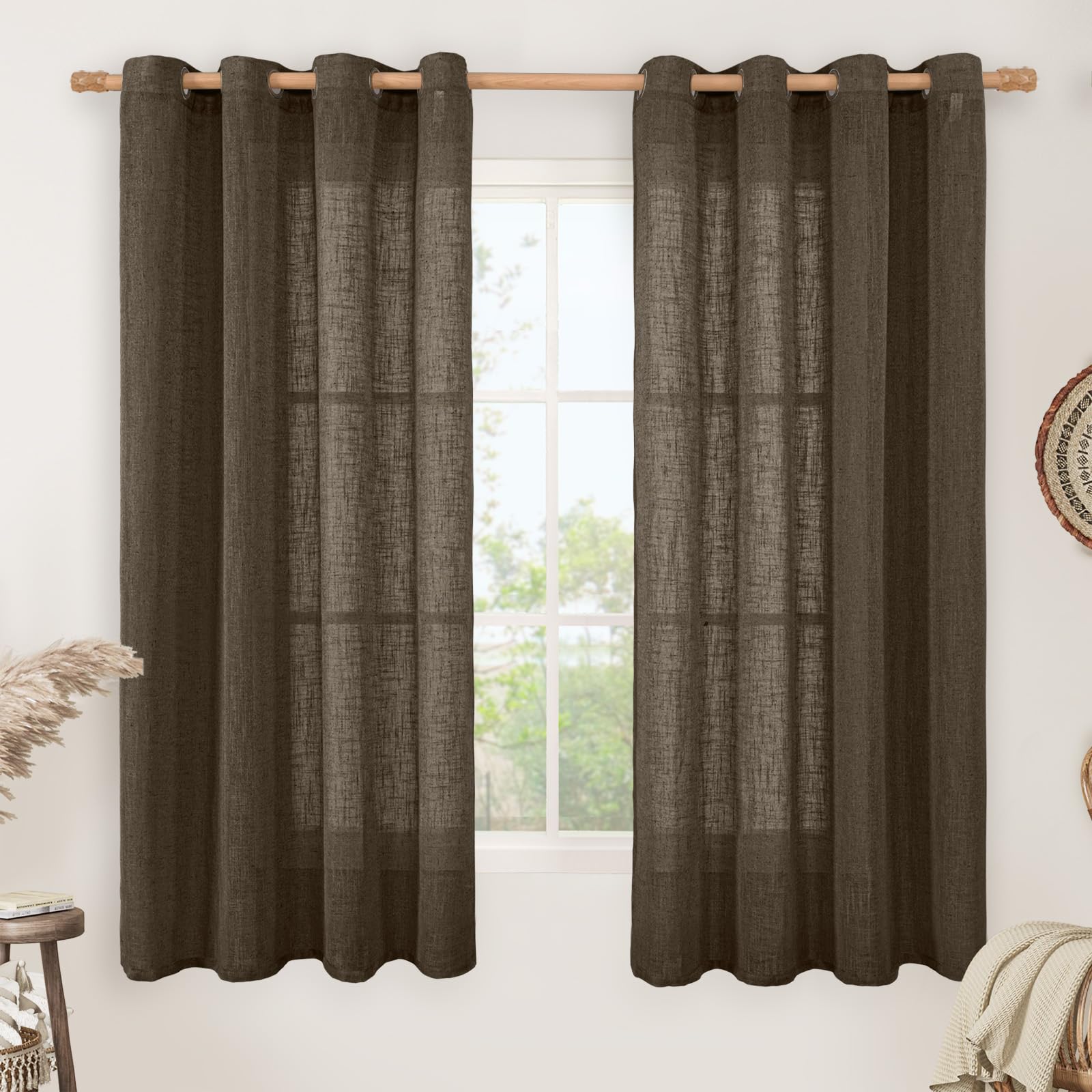 LAMIT Natural Ivory Linen Semi Sheer Curtains 84 inch Length, Cream Light Filtering Soft Thick Neutral Living Room Drapes with Bronze Grommet for Bedroom/Farmhouse, 2 Panels, 52 x 84 Inch