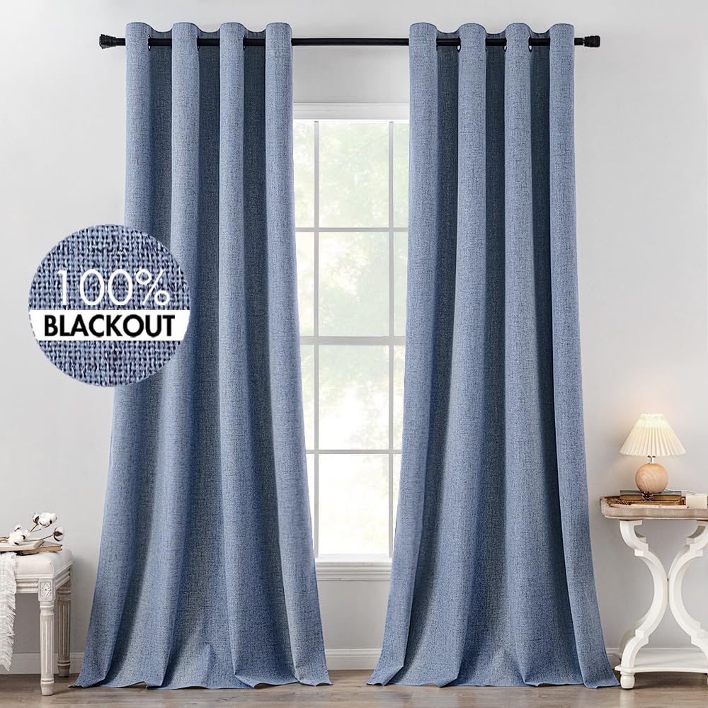 MIULEE 100% Blackout Linen Textured Curtains for Bedroom Solid Thermal Insulated Cream Grommet Room Darkening Curtains & Drapes Luxury Decor for Living Room Nursery 52 x 84 Inch (2 Panels)