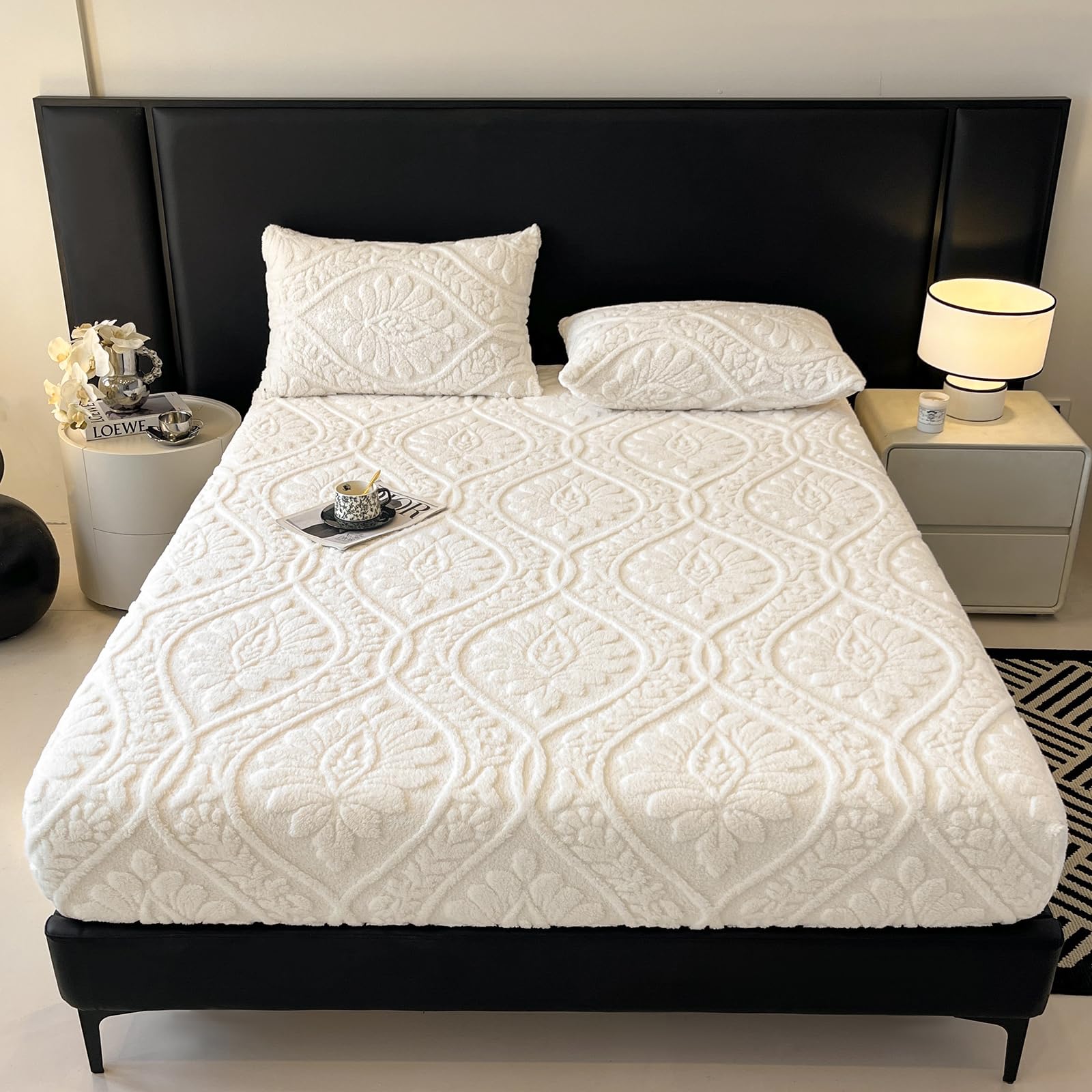 LweiPsqLin Fluffy Velvet Fitted Sheet Full Size - Micro Fleece Bed Sheet with 15" Deep Pockets, Bohemian Floral Jacquard Mattress Cover, Shrink & Fade Resistant, Khaki