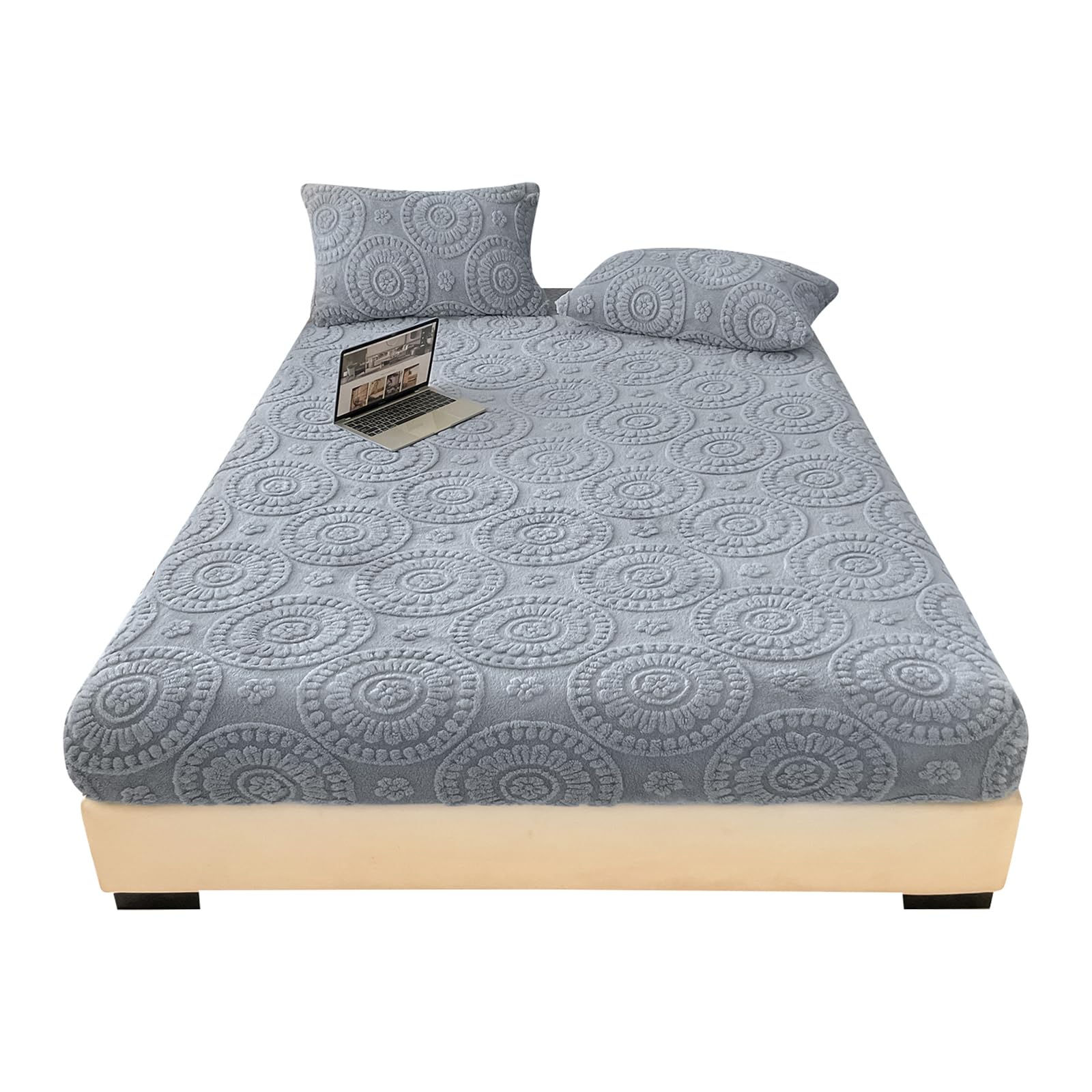 LweiPsqLin Fluffy Velvet Fitted Sheet Full Size - Micro Fleece Bed Sheet with 15" Deep Pockets, Bohemian Floral Jacquard Mattress Cover, Shrink & Fade Resistant, Khaki