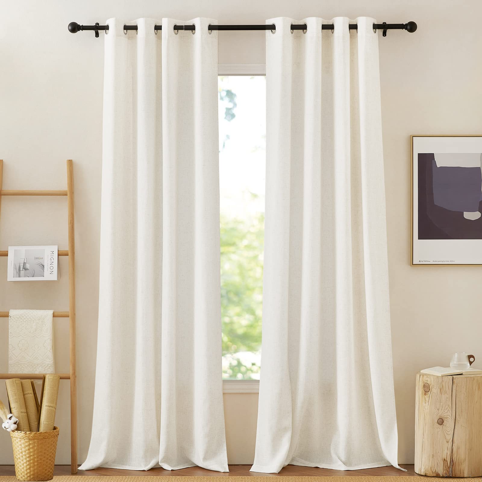 NICETOWN Semi Sheer Linen Curtains for Bedroom 84 inches Long, Grommet Privacy Vertical Farmhouse Window with Light Filtering for Living Room, Natural, W52 x L84, 2 Pieces